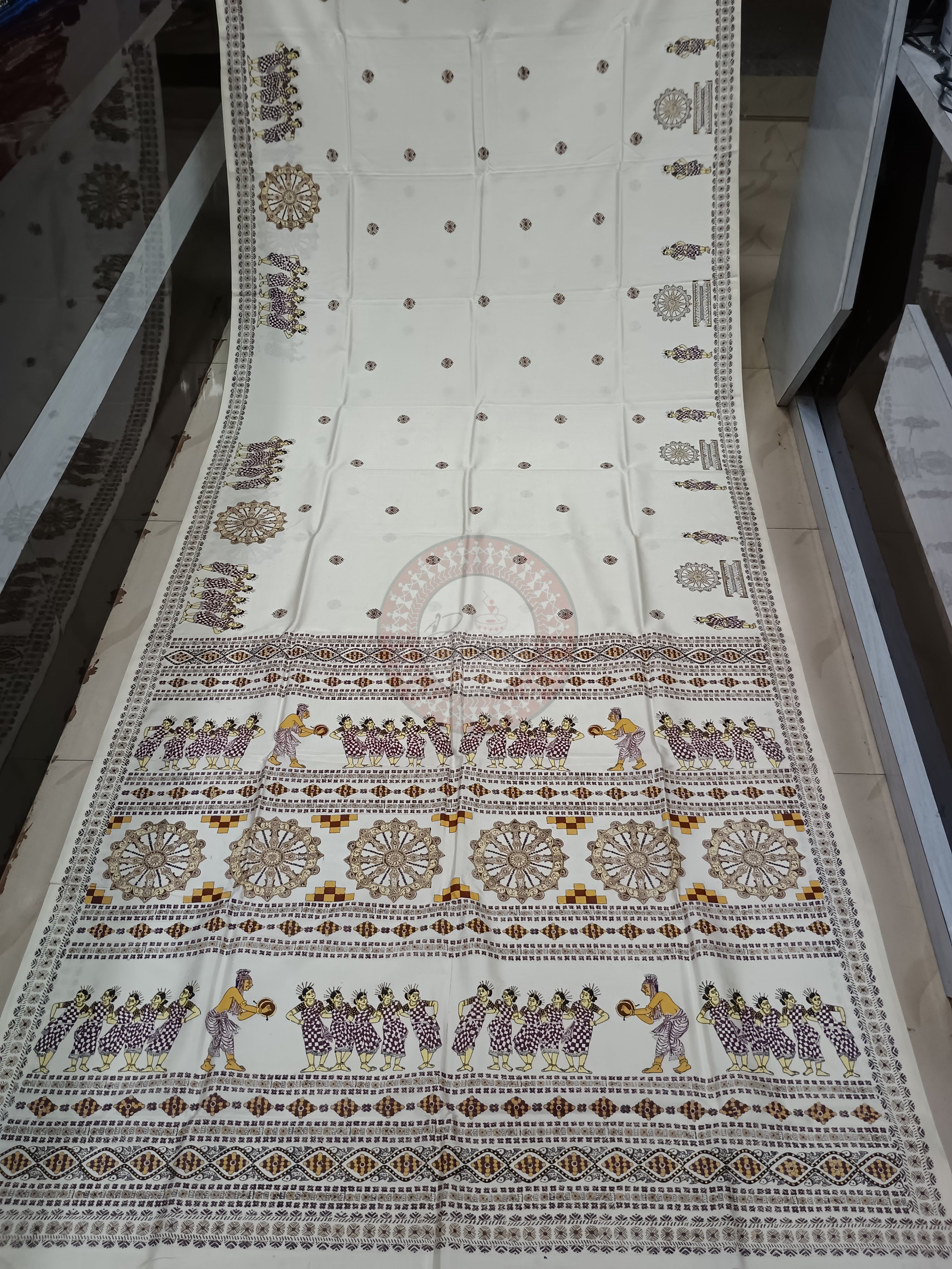 White Sambalpuri Dance Theme Handpainted Pattachitra Khadi Silk Saree