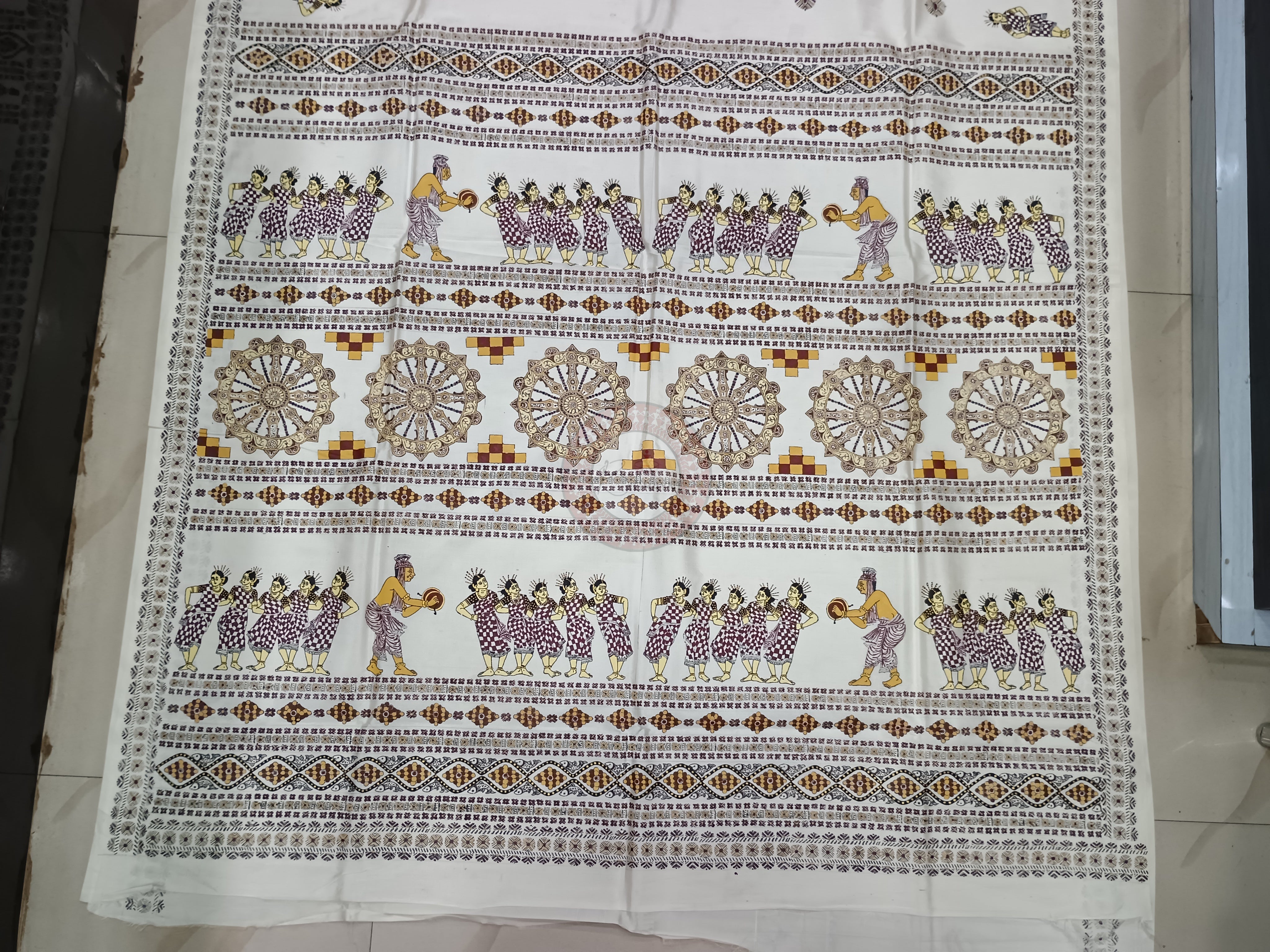 White Sambalpuri Dance Theme Handpainted Pattachitra Khadi Silk Saree