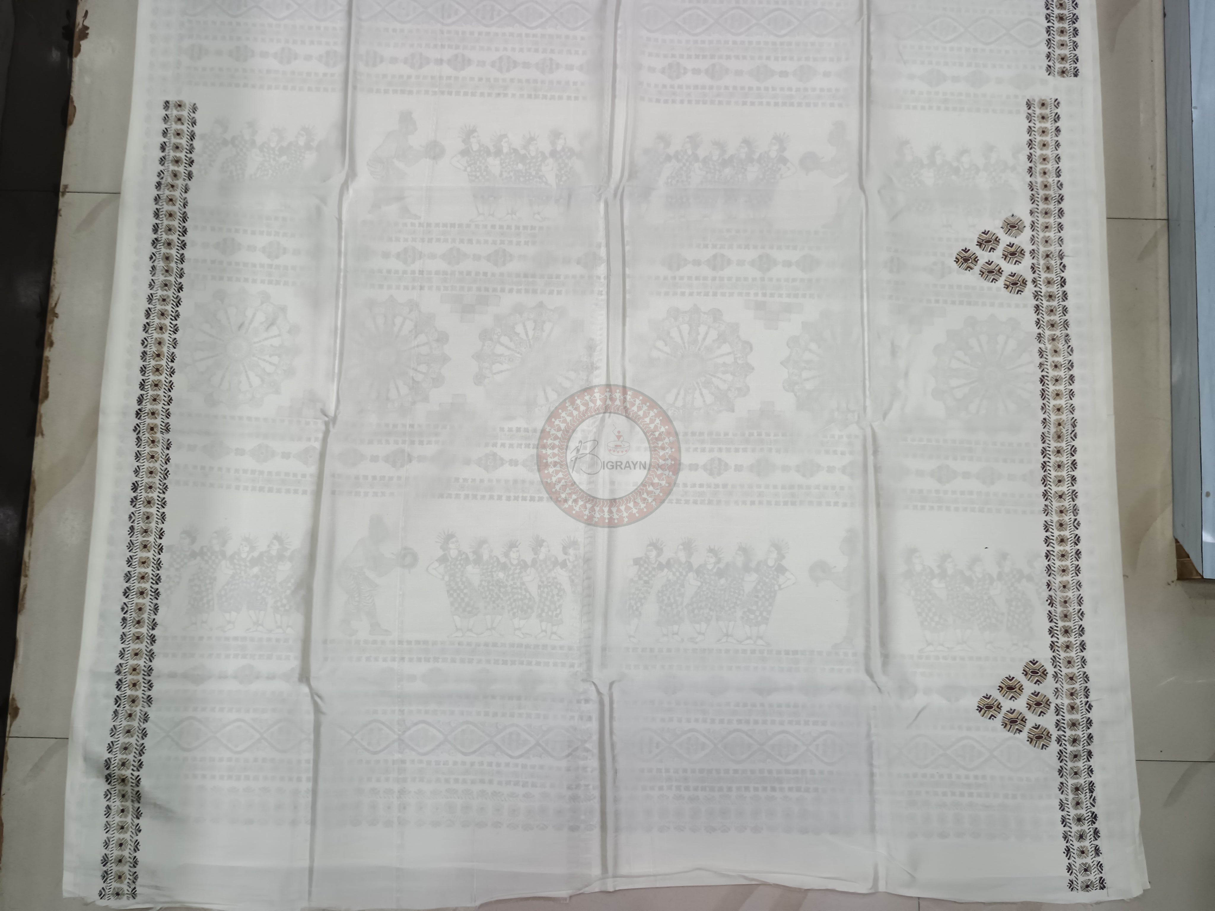 White Sambalpuri Dance Theme Handpainted Pattachitra Khadi Silk Saree