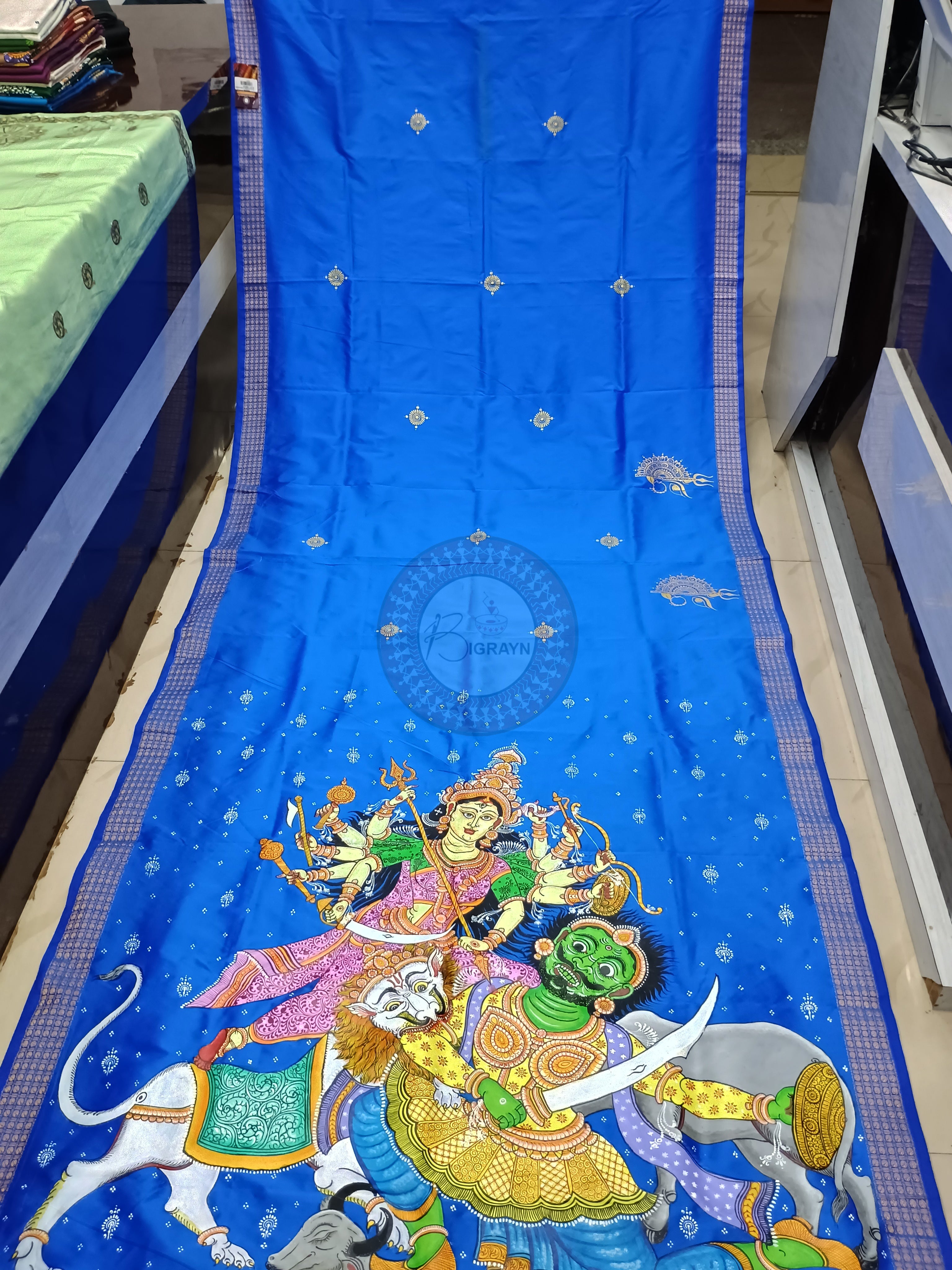 Blue Durga Theme Pattachitra Cotton blended Silk Saree