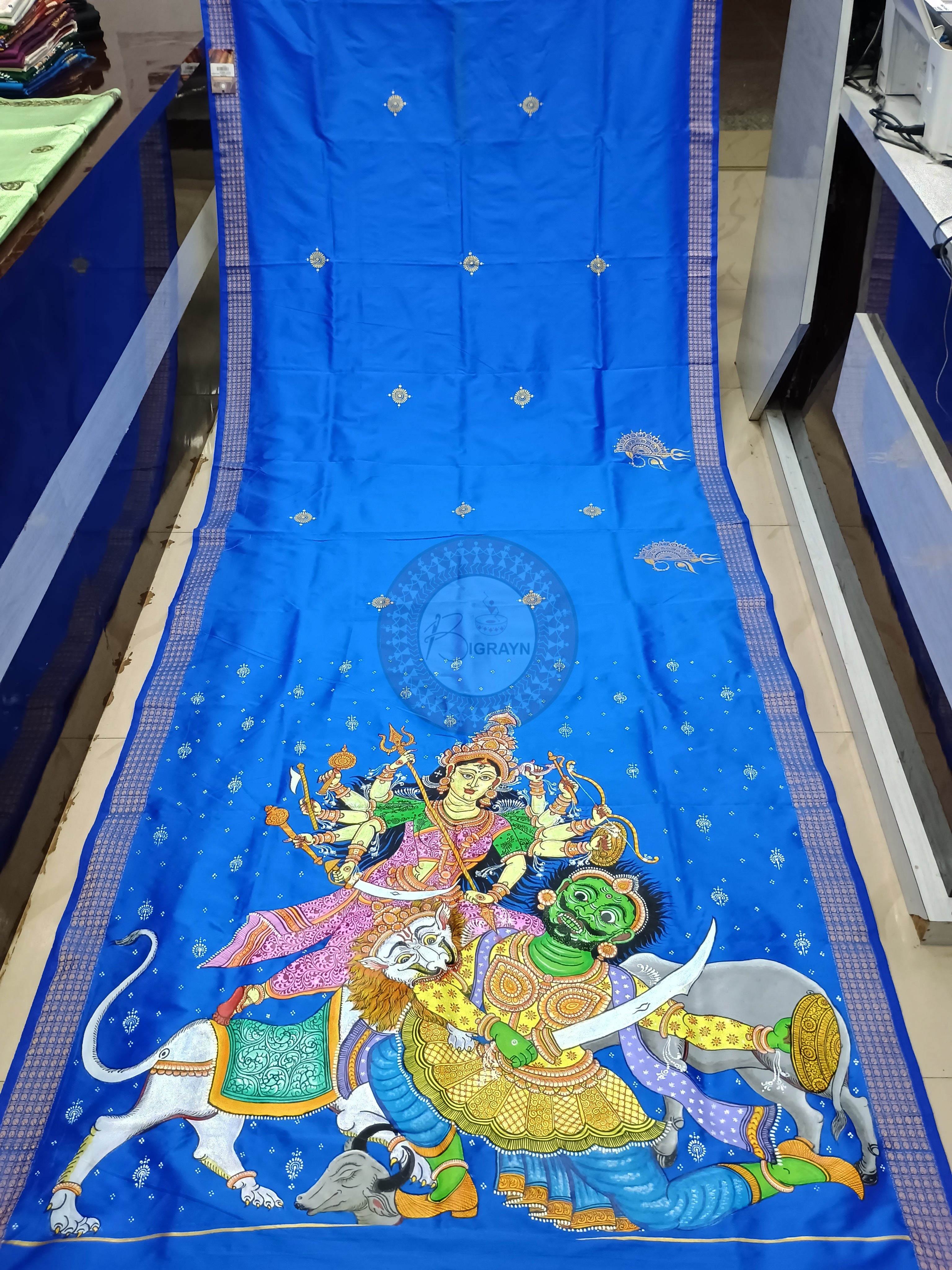 Blue Durga Theme Pattachitra Cotton blended Silk Saree