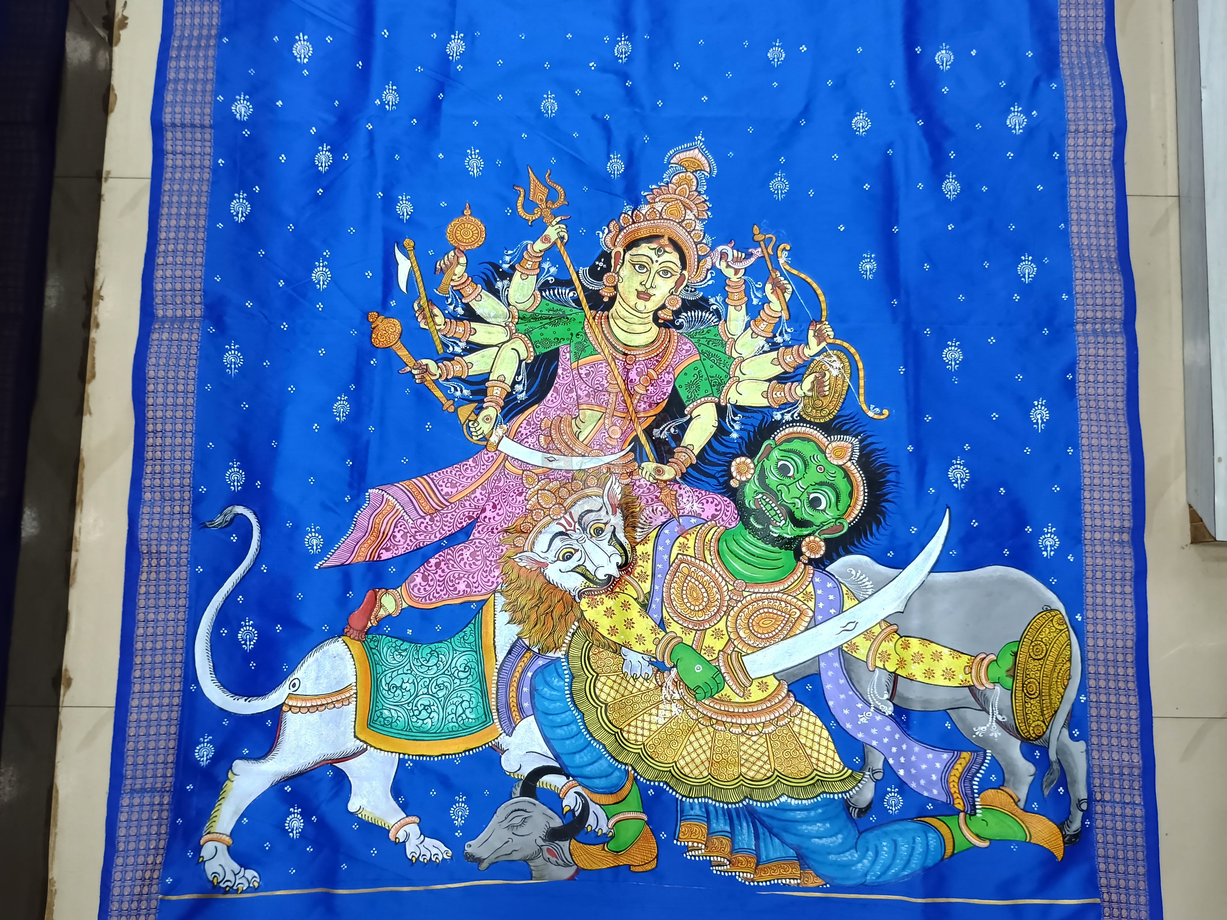 Blue Durga Theme Pattachitra Cotton blended Silk Saree