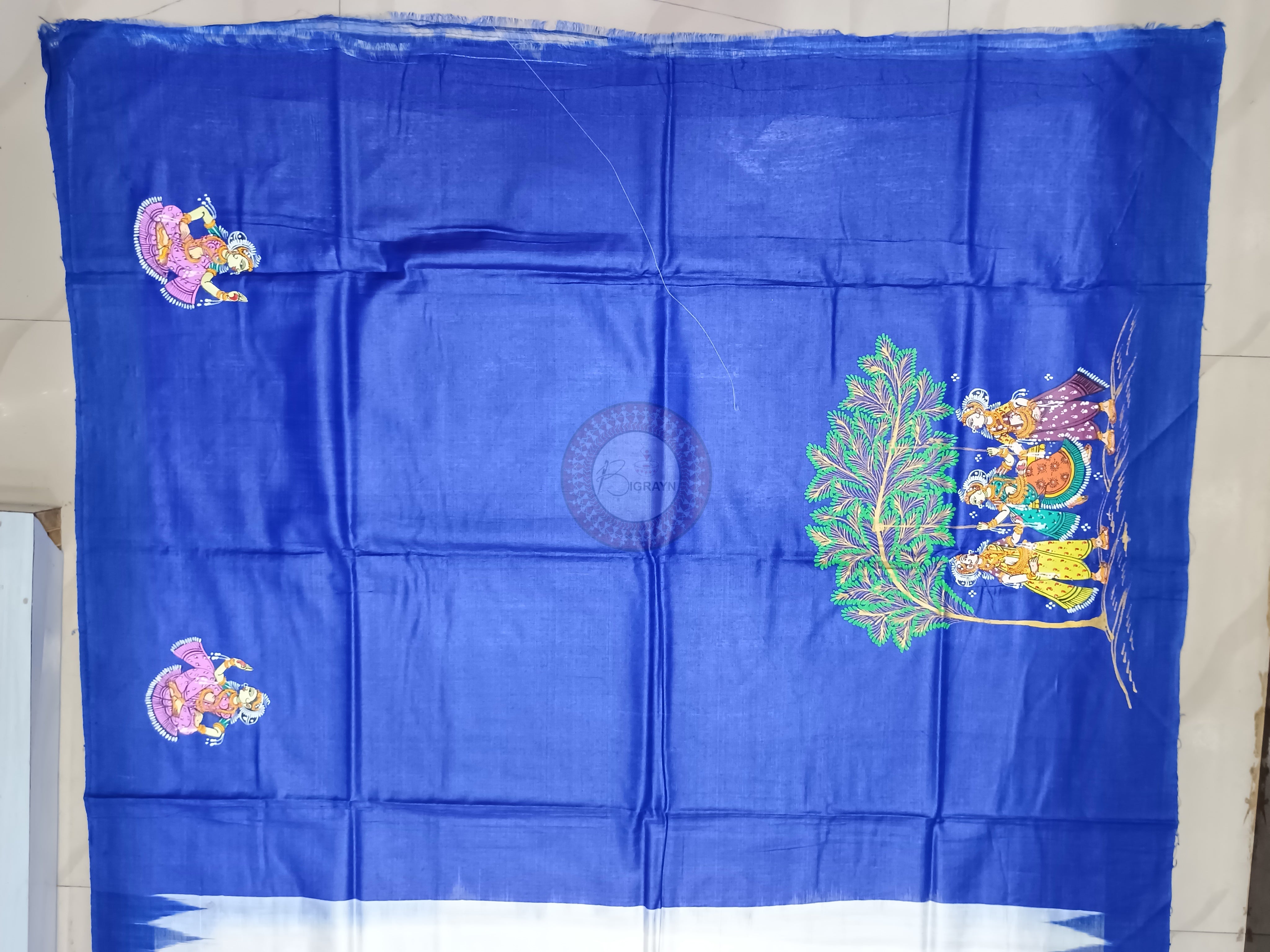 White Blue Raja Doli Theme Pattachitra Fine Tussar Silk Saree