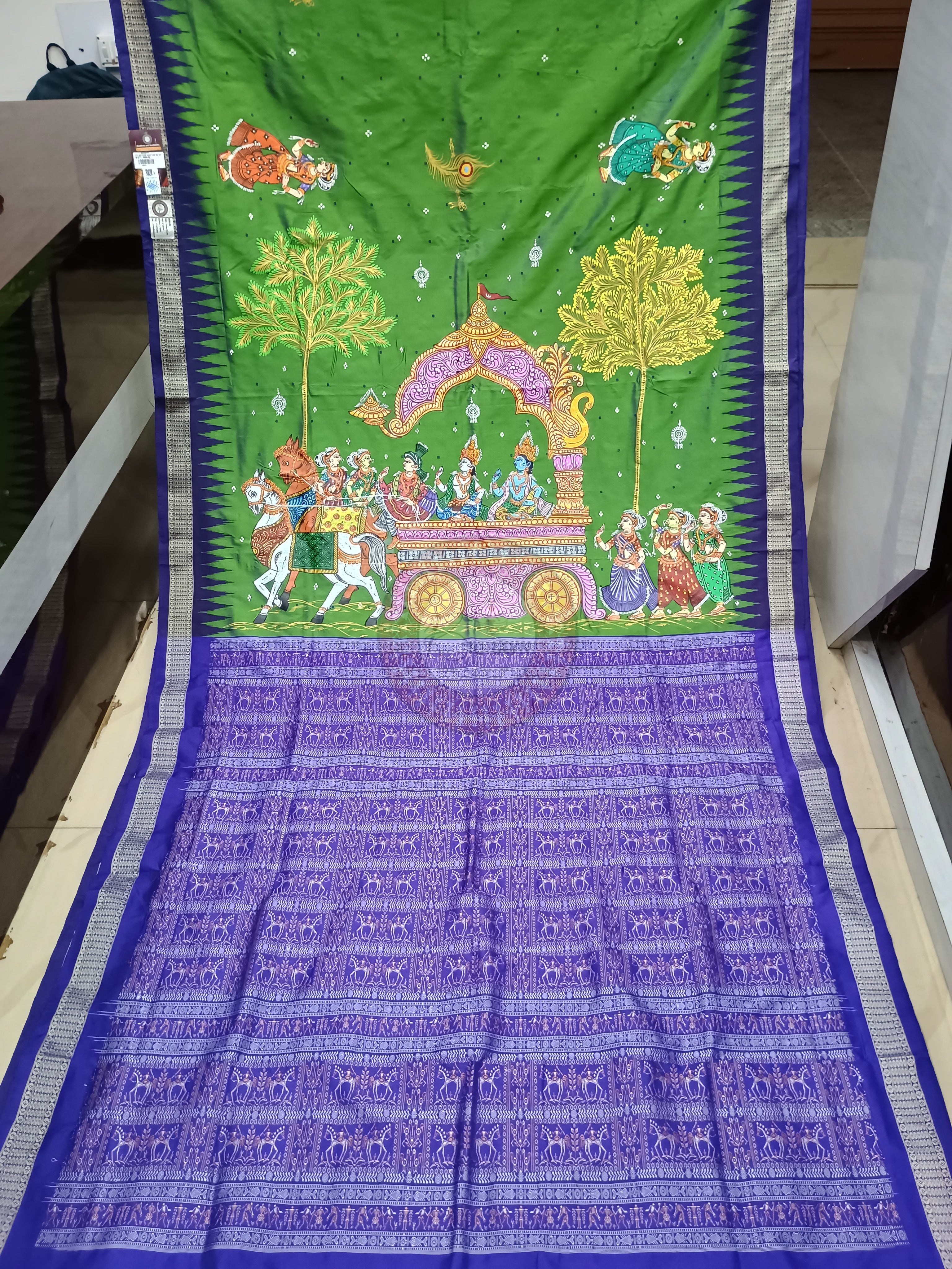 Green Blue Mathura Vijaya Theme Pattachitra Bomkai Silk Saree