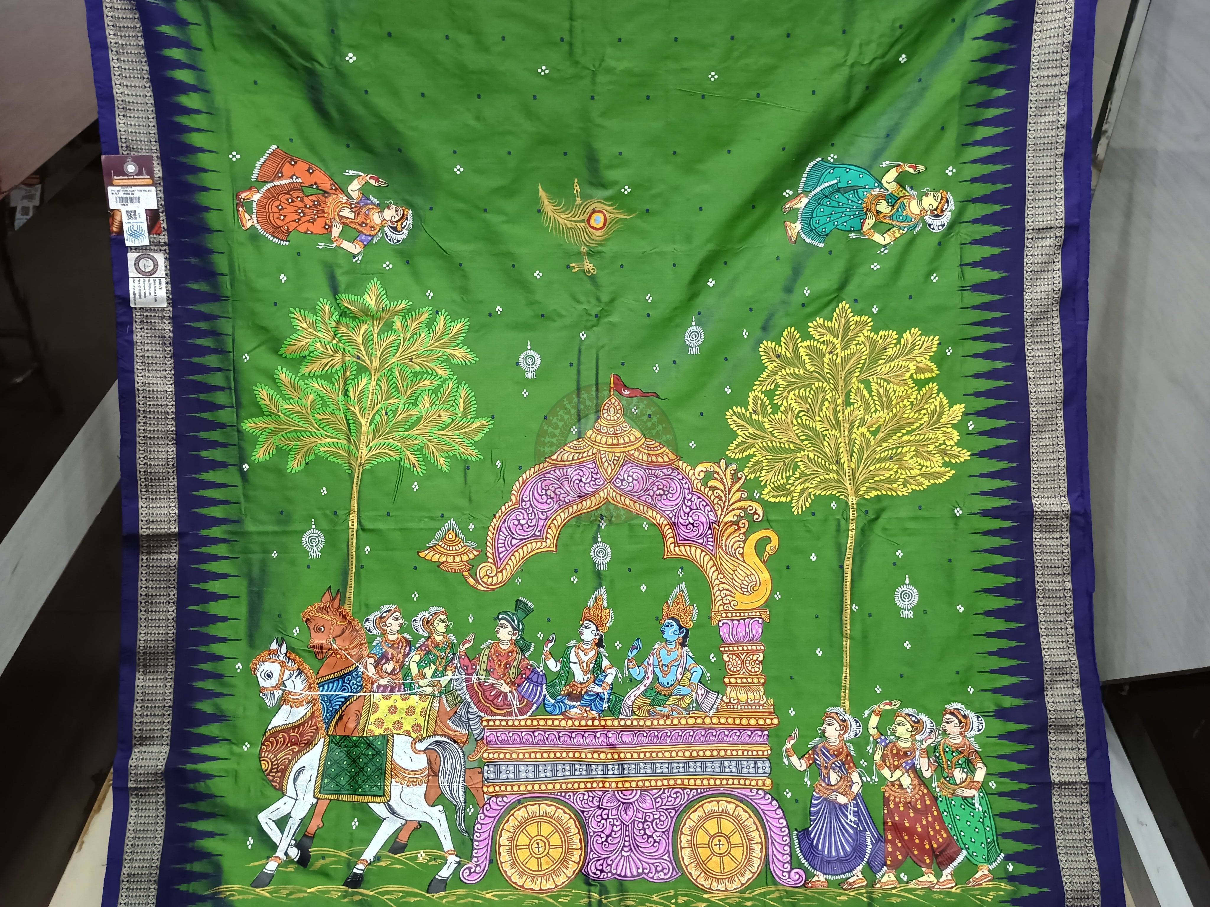 Green Blue Mathura Vijaya Theme Pattachitra Bomkai Silk Saree