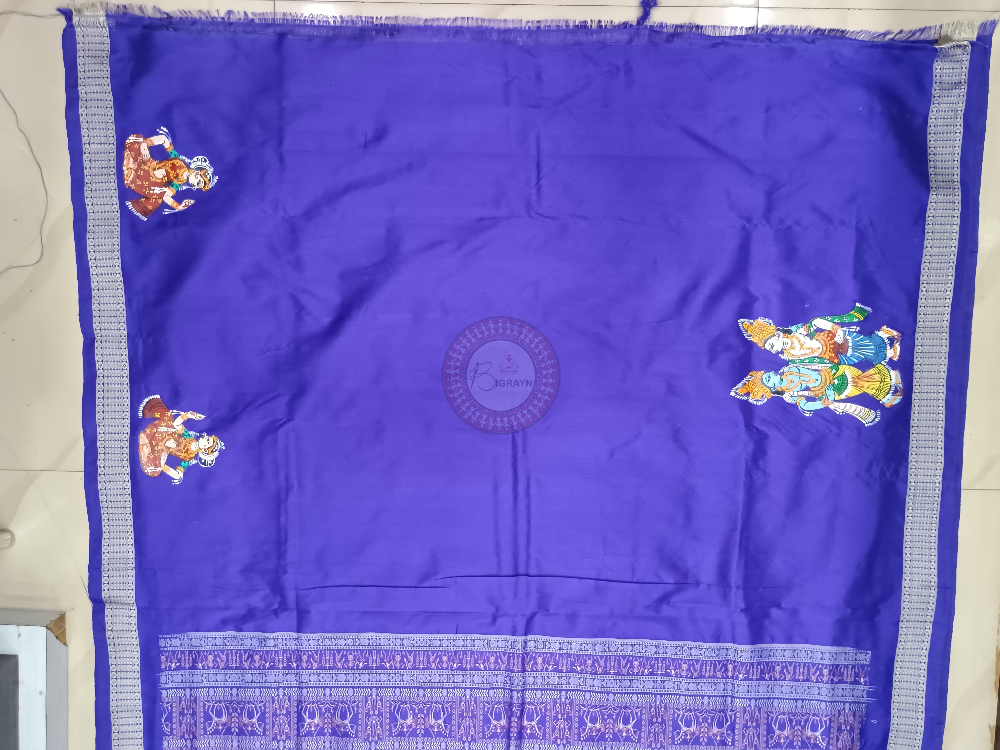 Green Blue Mathura Vijaya Theme Pattachitra Bomkai Silk Saree