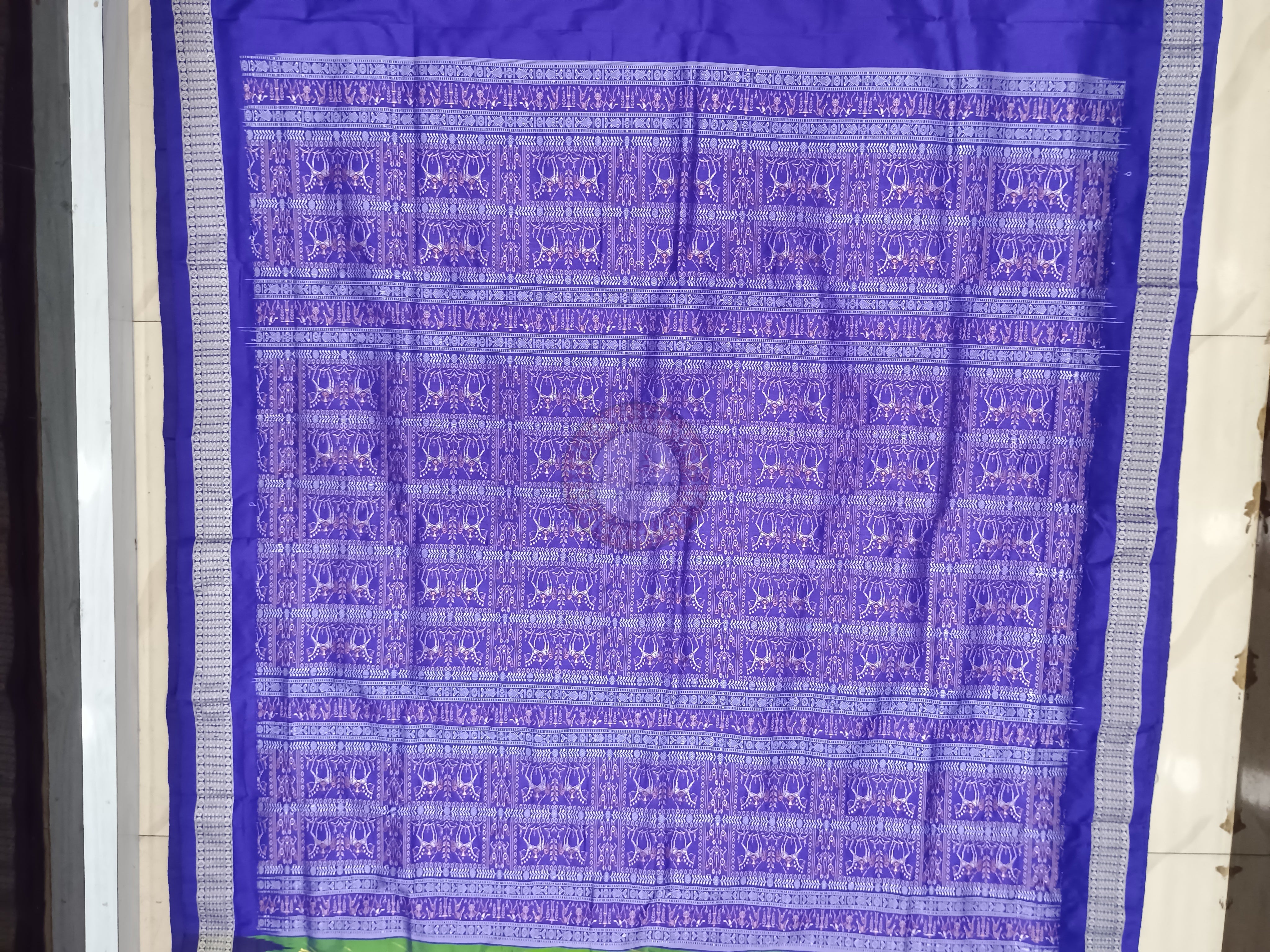 Green Blue Mathura Vijaya Theme Pattachitra Bomkai Silk Saree