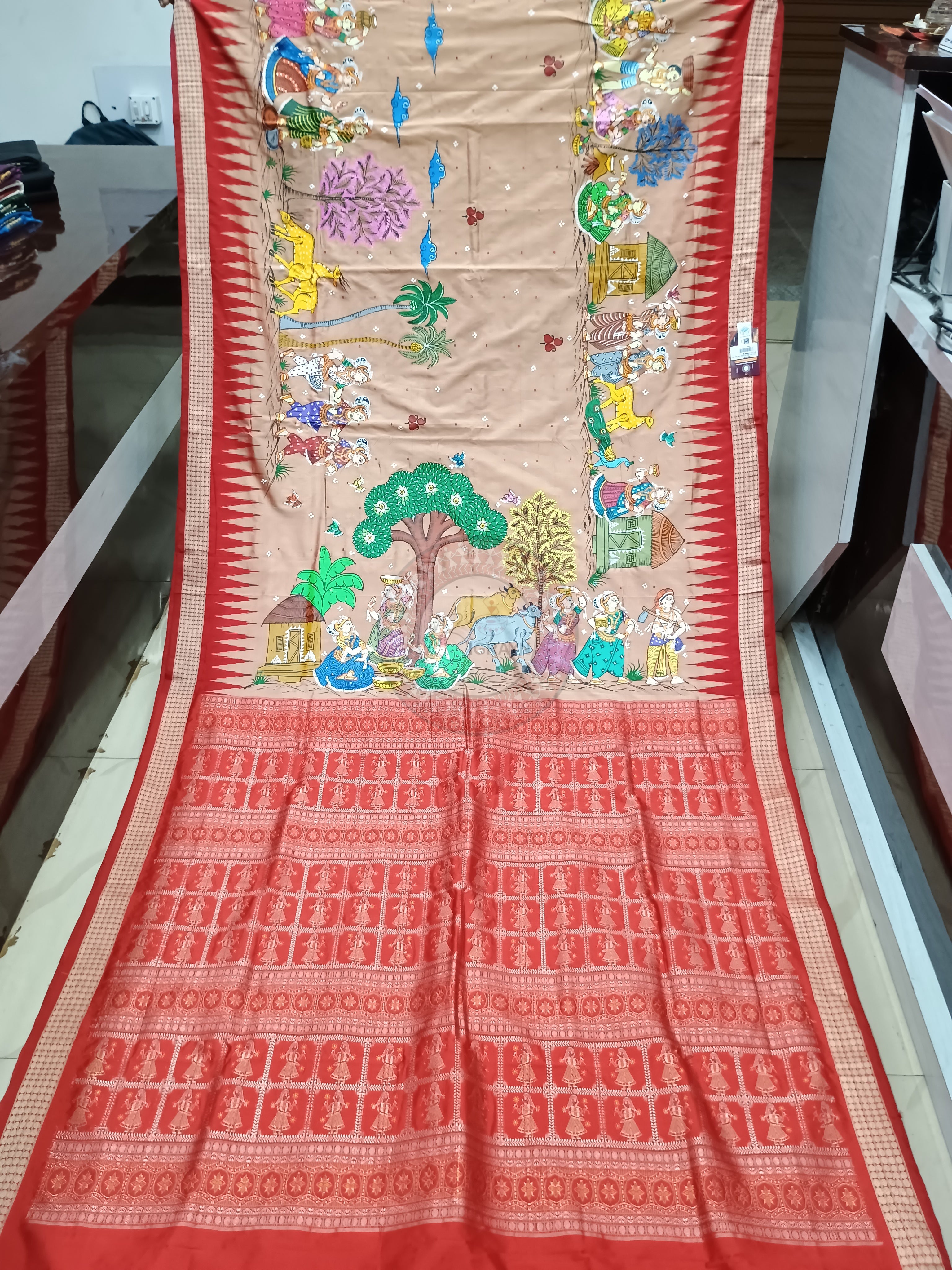 Peach Red Village Theme Hand Painted Pattachitra Bomkai Silk Saree