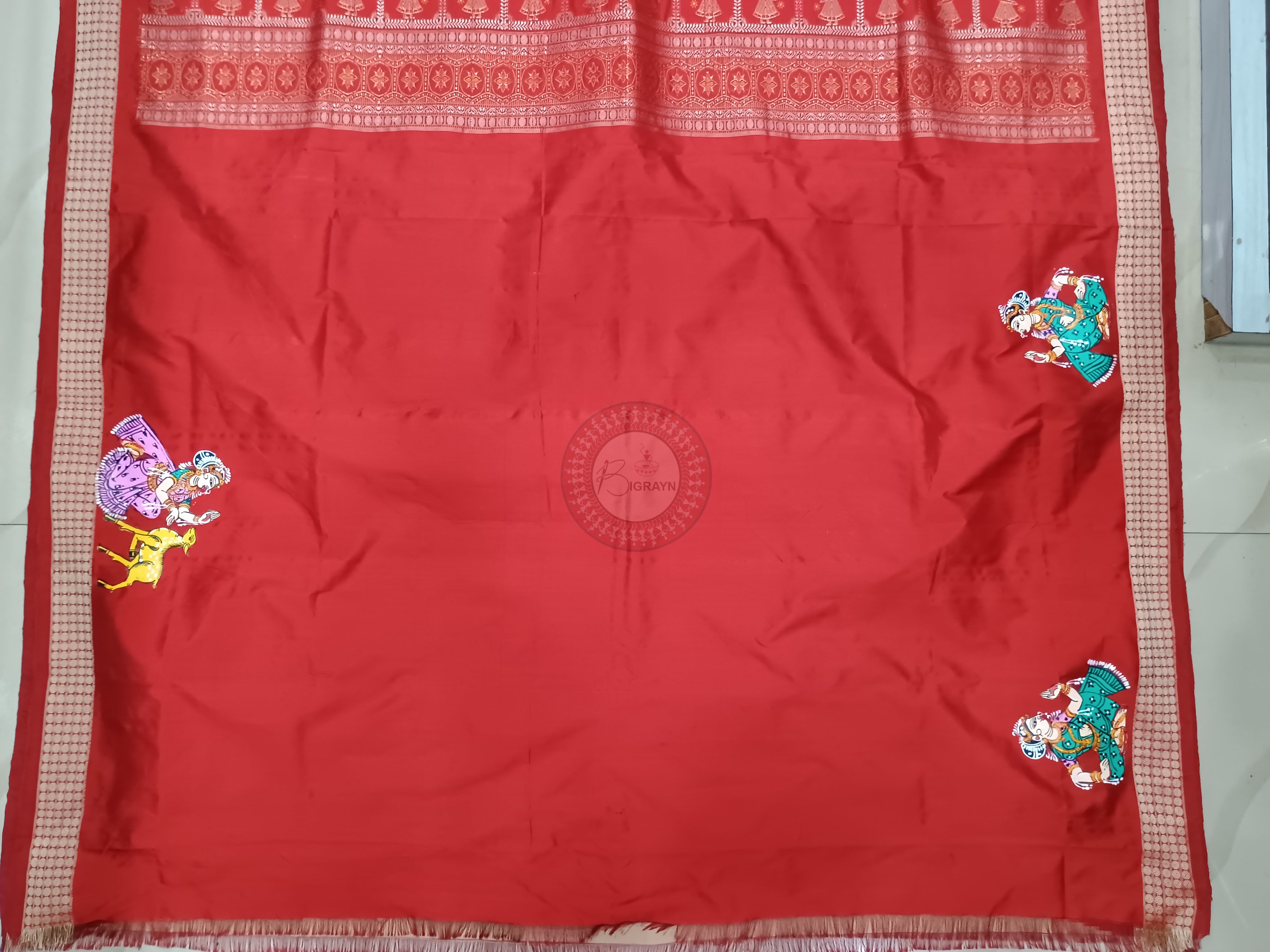 Peach Red Village Theme Hand Painted Pattachitra Bomkai Silk Saree