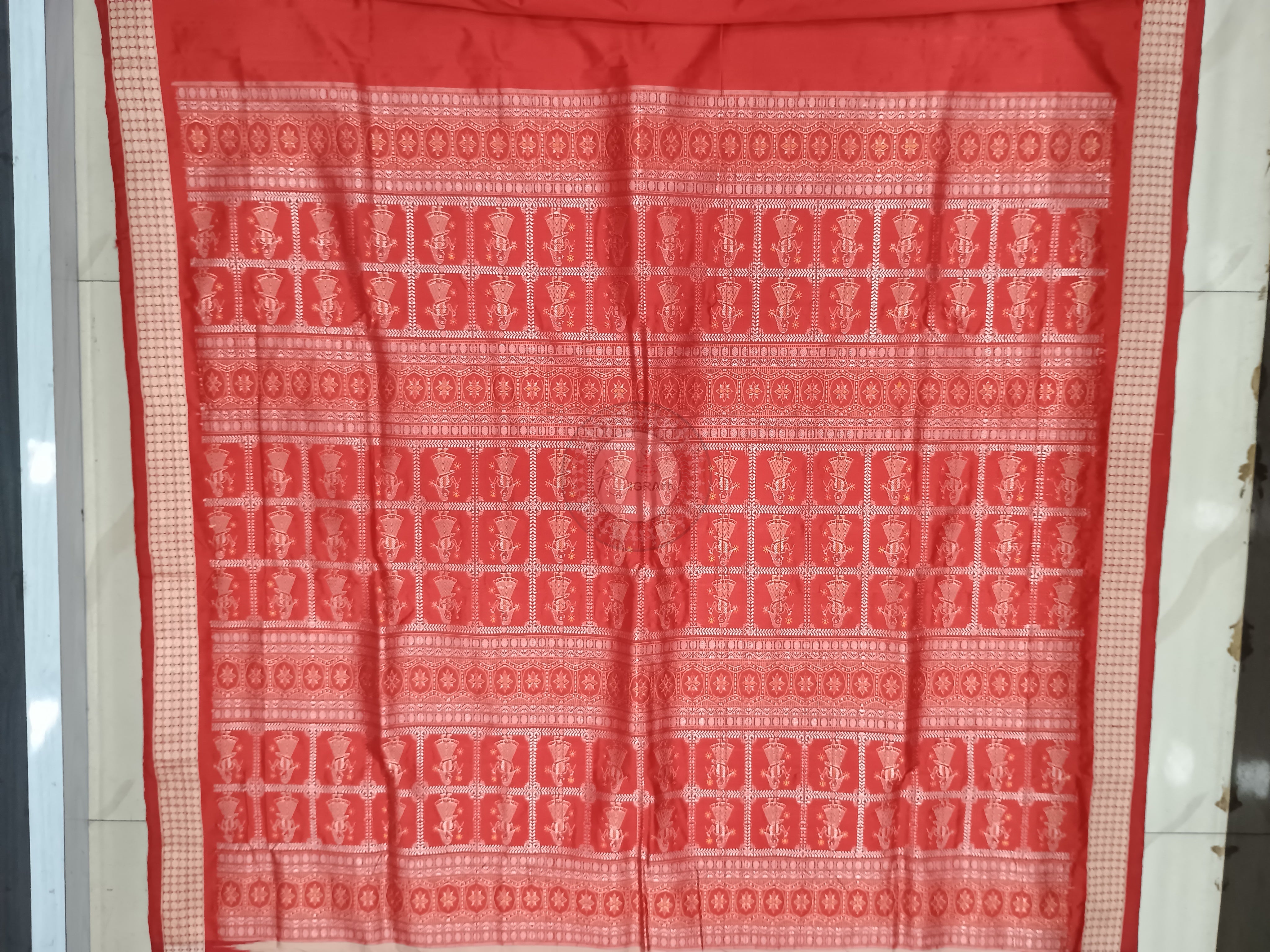 Peach Red Village Theme Hand Painted Pattachitra Bomkai Silk Saree