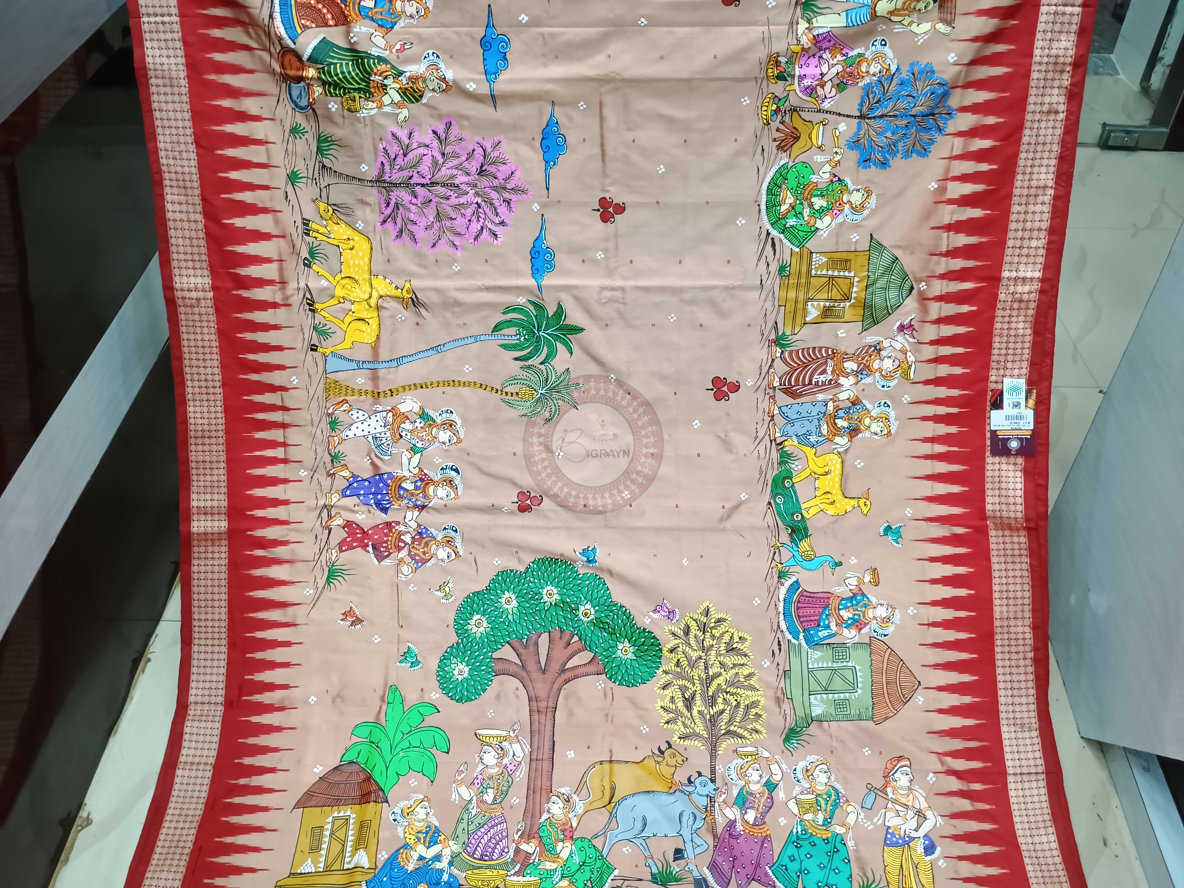Peach Red Village Theme Hand Painted Pattachitra Bomkai Silk Saree