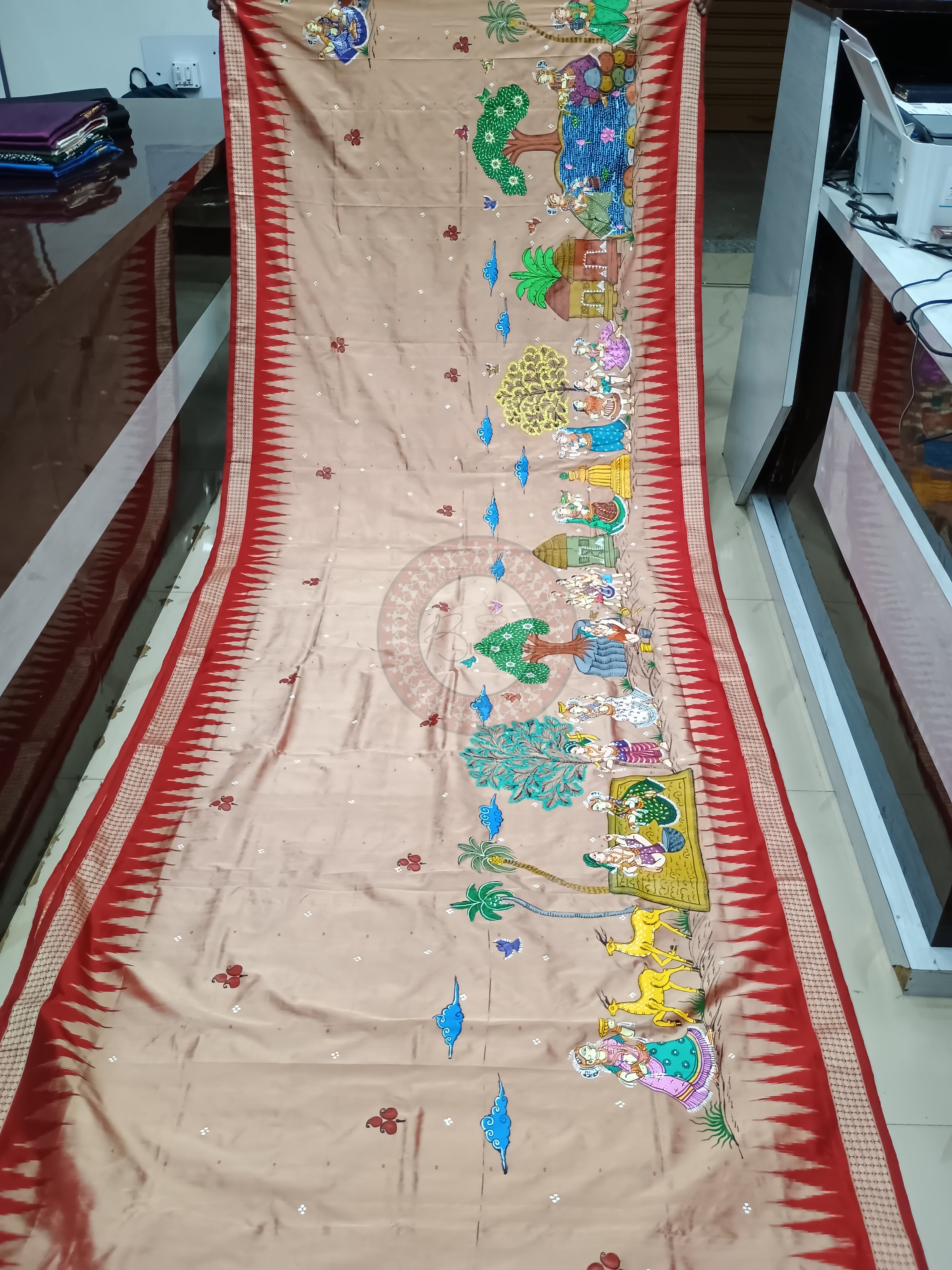 Peach Red Village Theme Hand Painted Pattachitra Bomkai Silk Saree