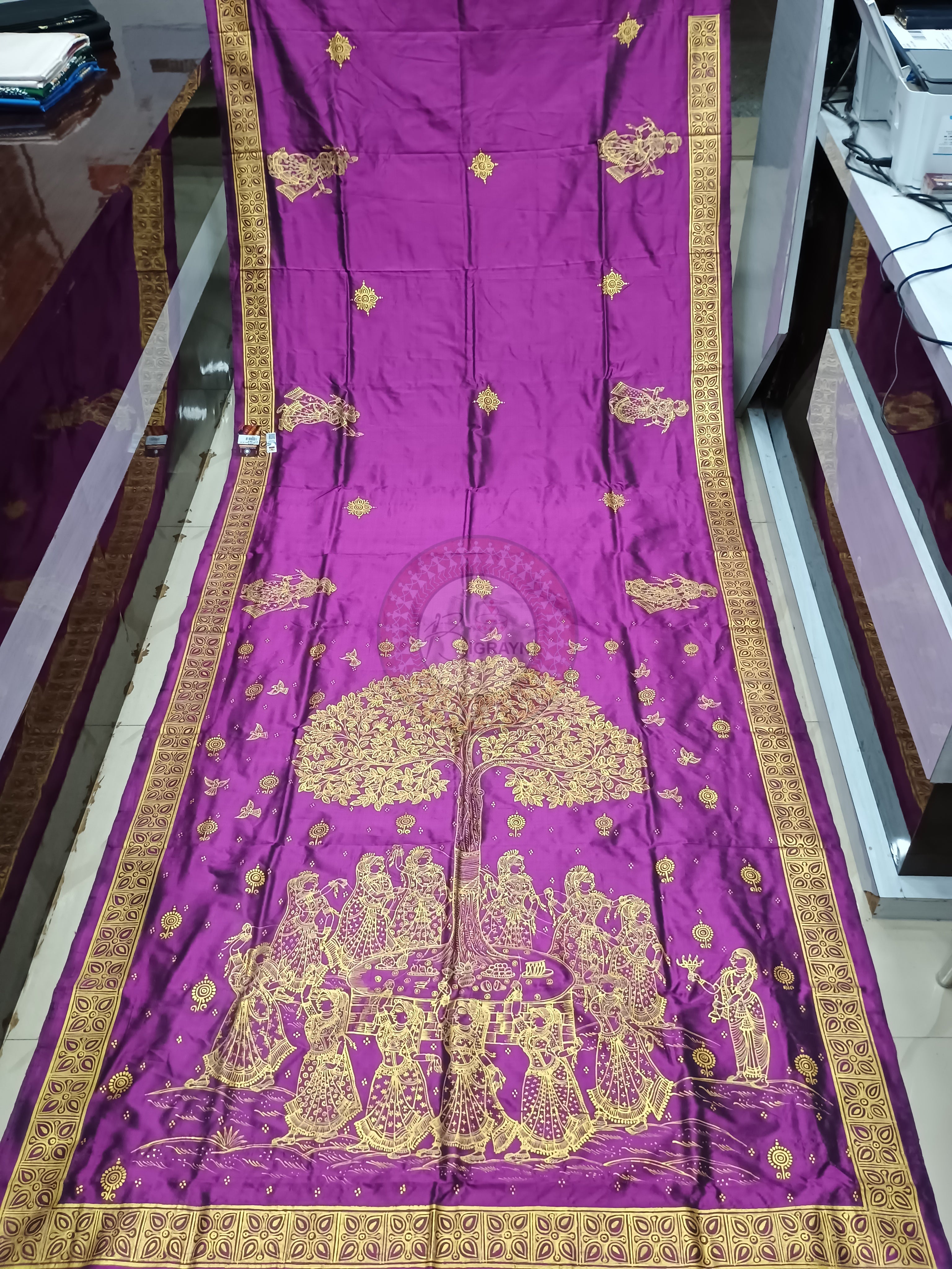 Purple Golden Bata Sabitri Theme Line Art Hand Painted Pattachitra Sambalpuri Silk Saree