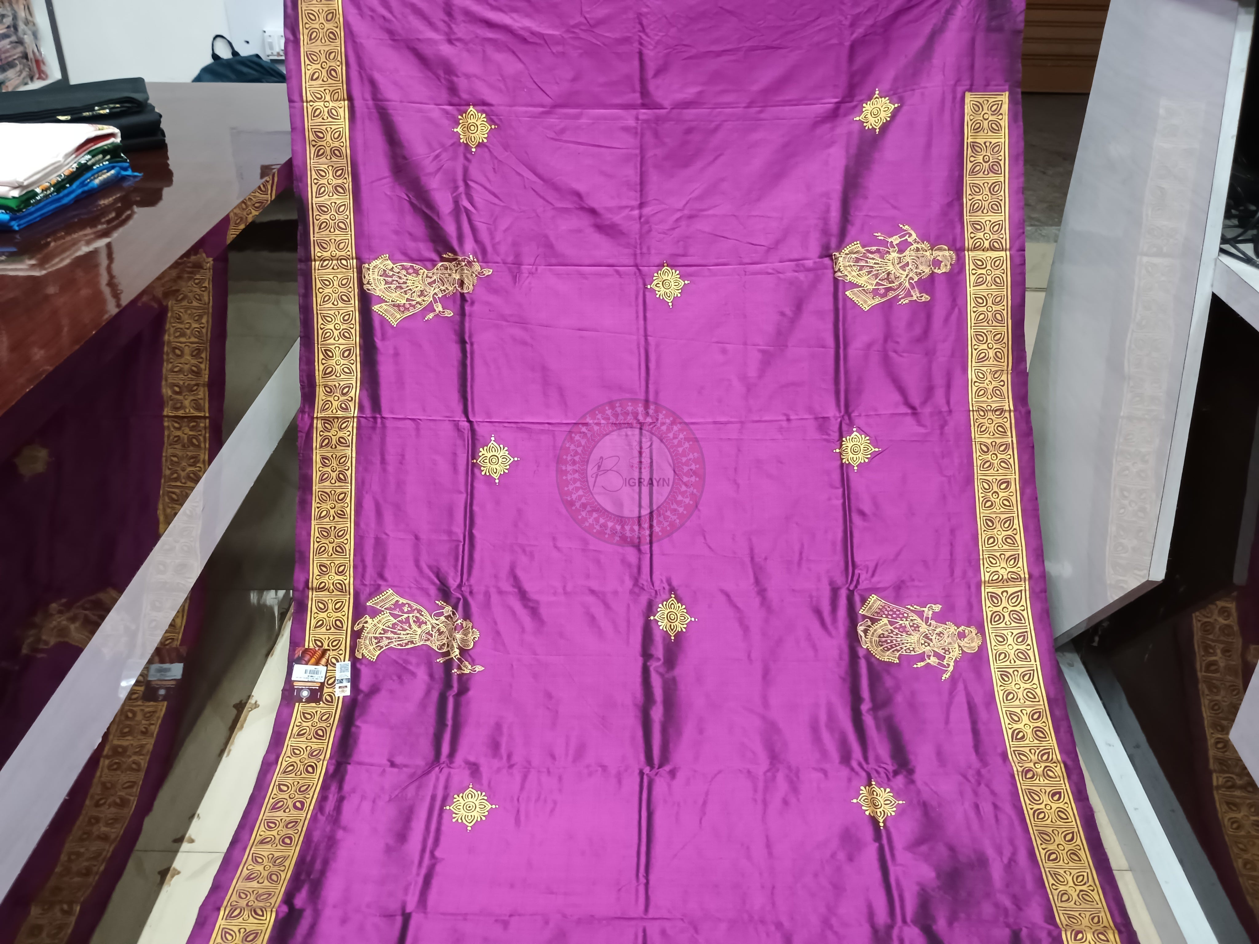 Purple Golden Bata Sabitri Theme Line Art Hand Painted Pattachitra Sambalpuri Silk Saree
