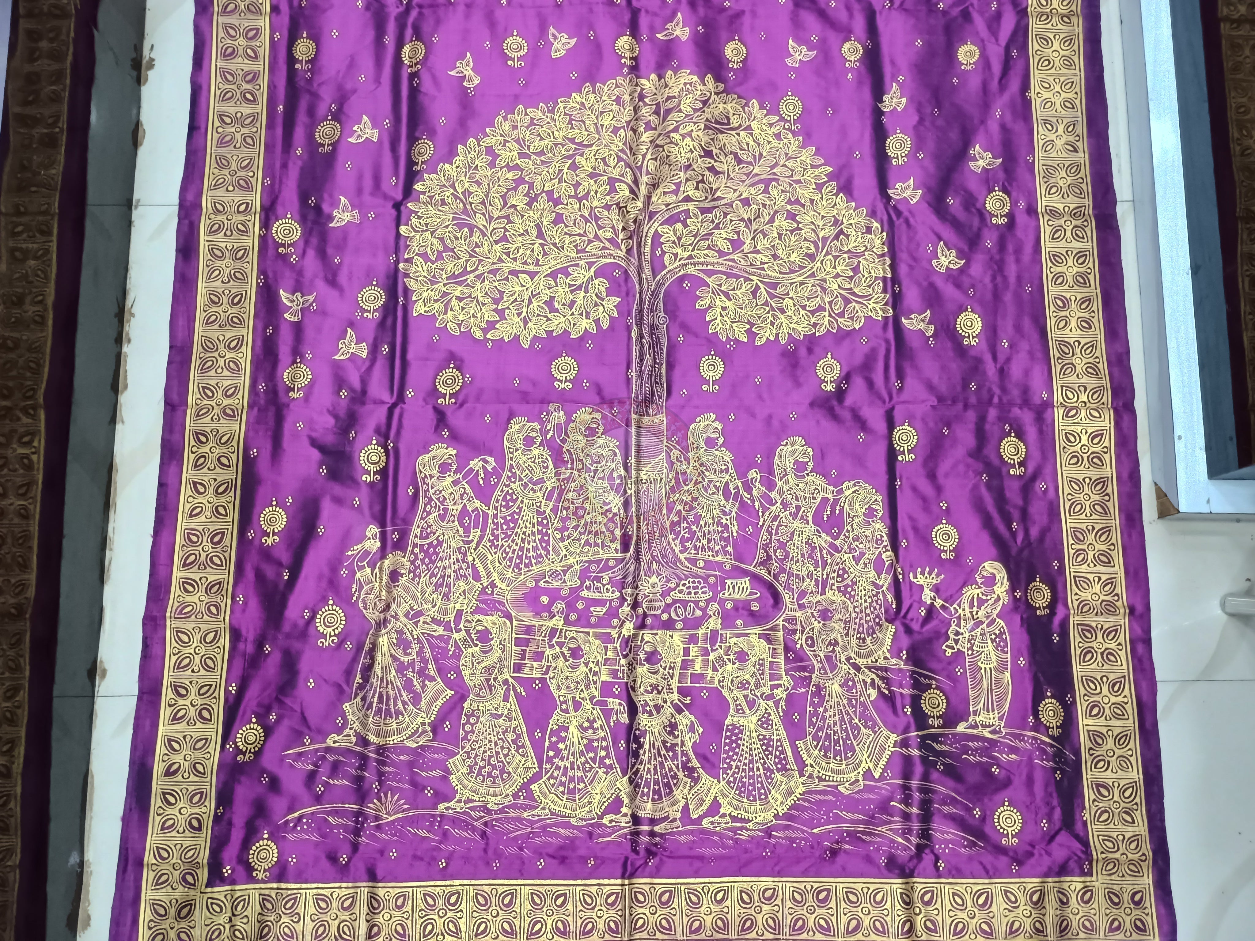 Purple Golden Bata Sabitri Theme Line Art Hand Painted Pattachitra Sambalpuri Silk Saree