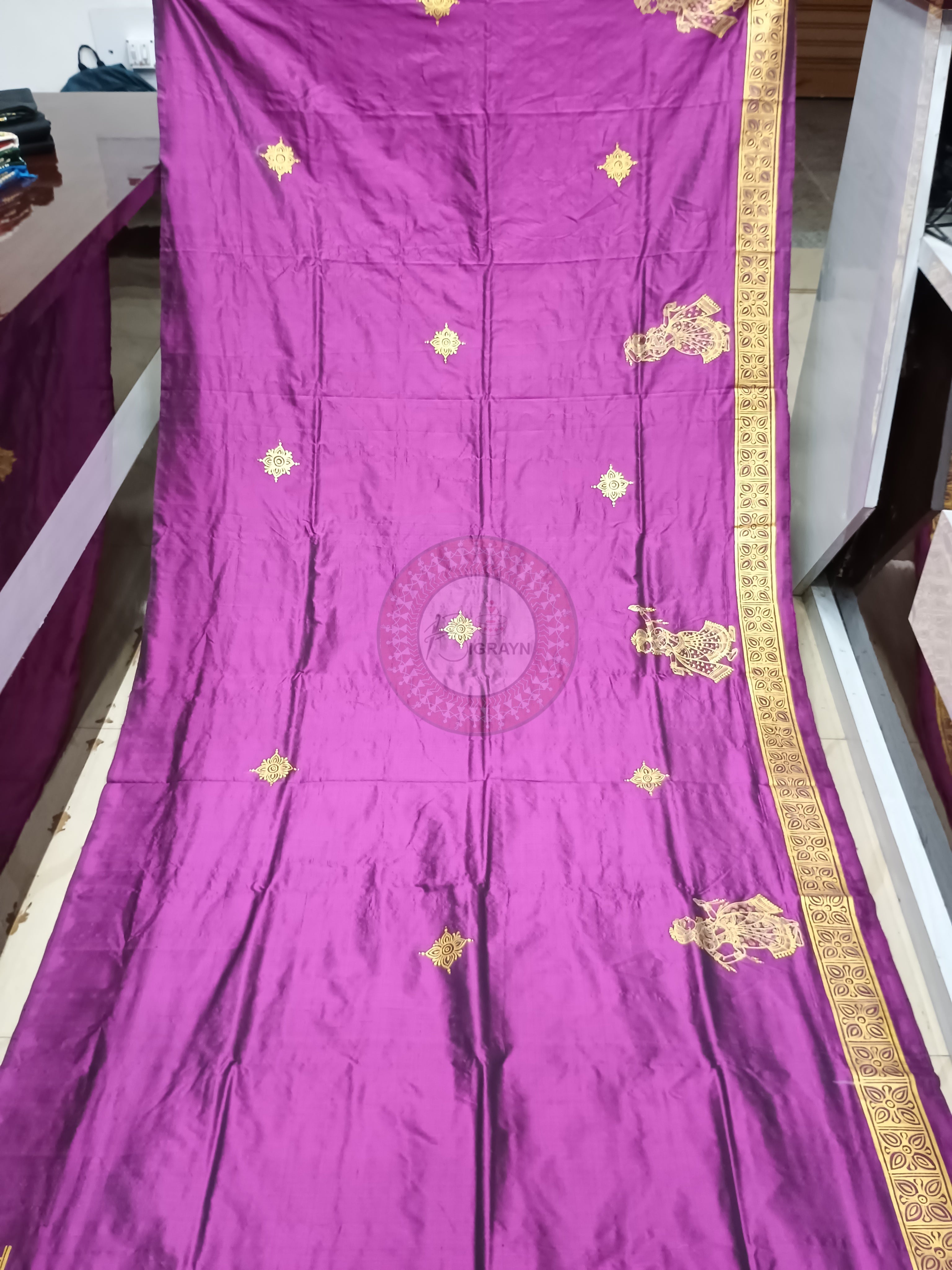 Purple Golden Bata Sabitri Theme Line Art Hand Painted Pattachitra Sambalpuri Silk Saree