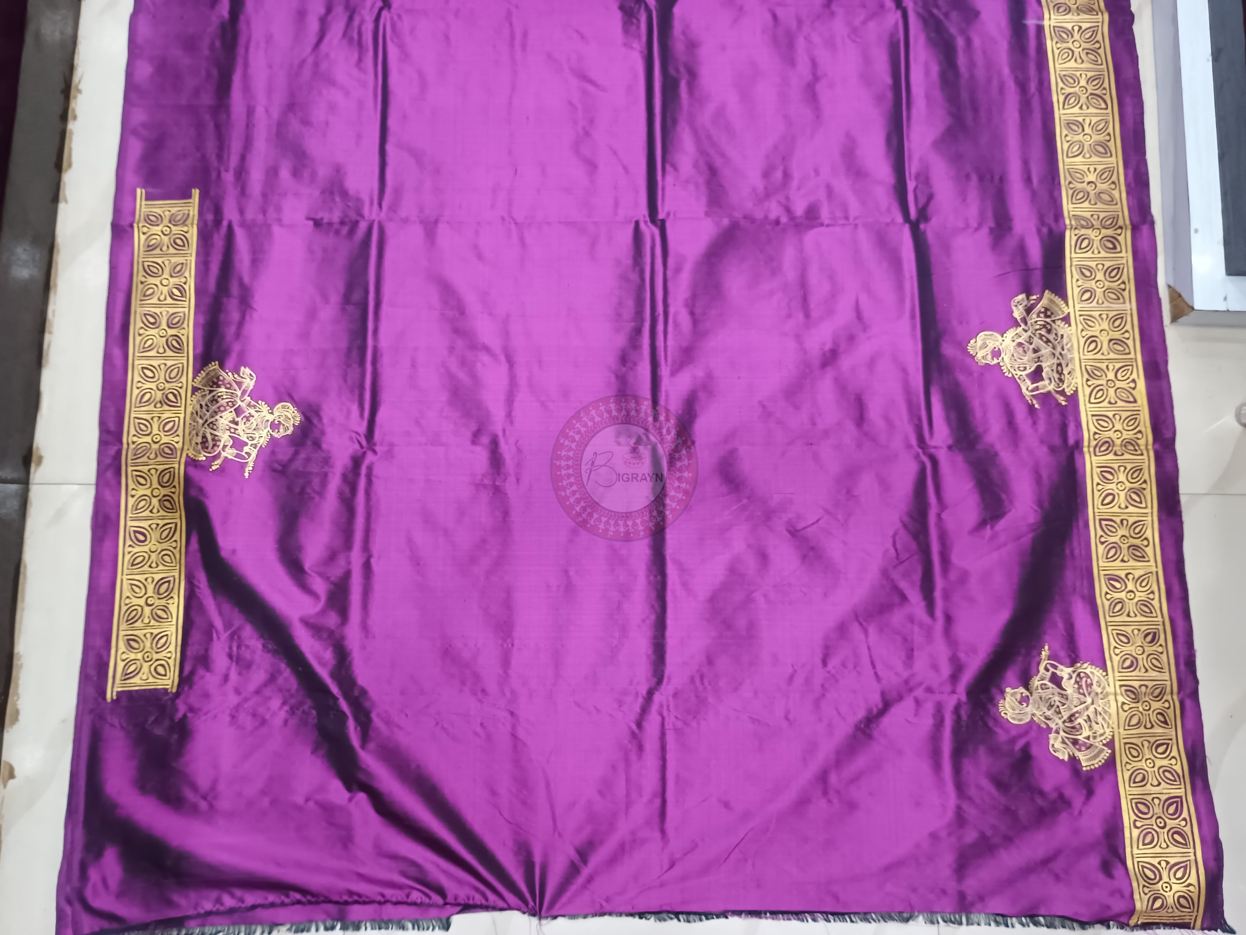 Purple Golden Bata Sabitri Theme Line Art Hand Painted Pattachitra Sambalpuri Silk Saree