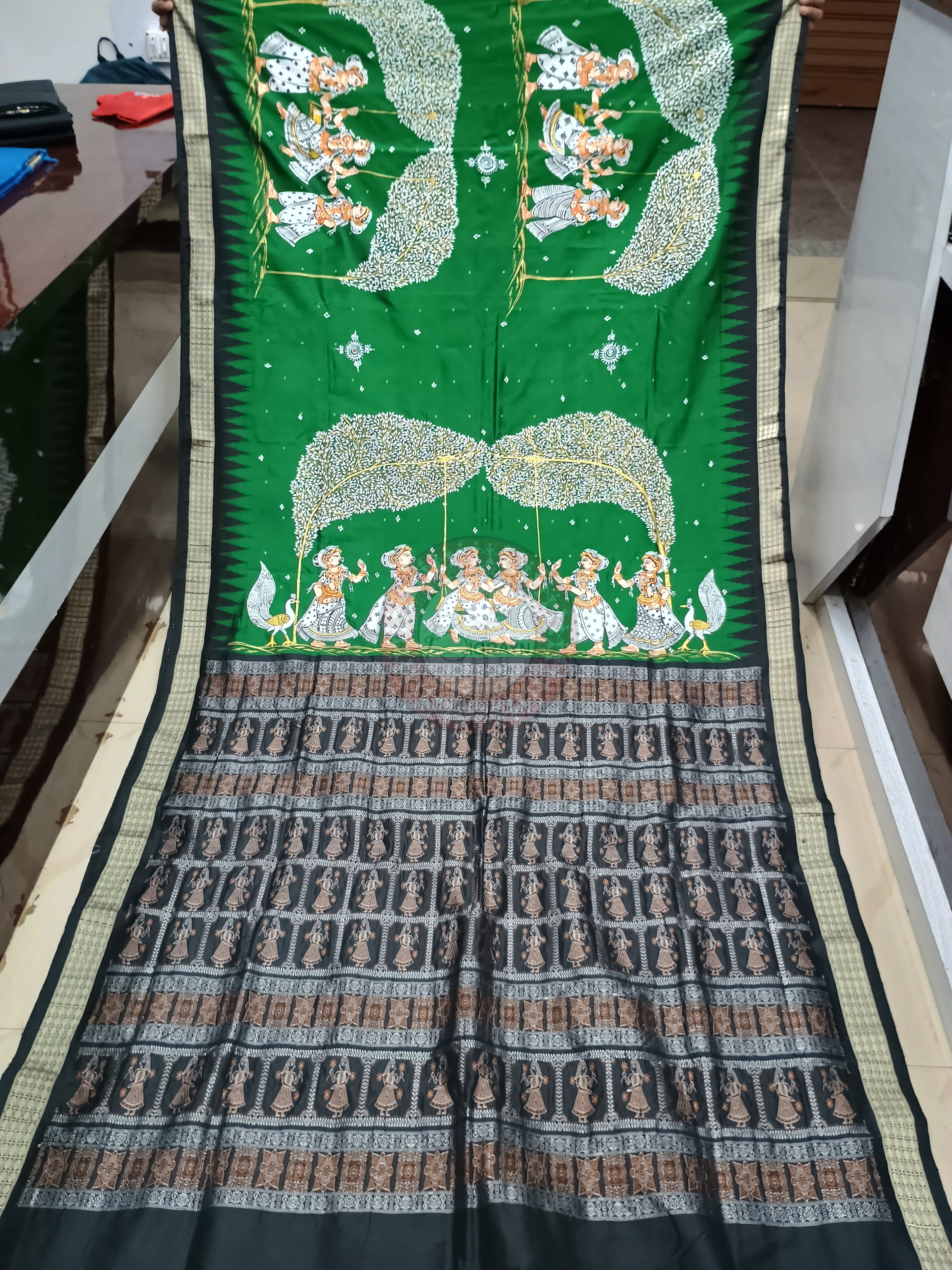 Green Black Raja Doli Theme Hand Painted Pattachitra Bomkai Silk Saree