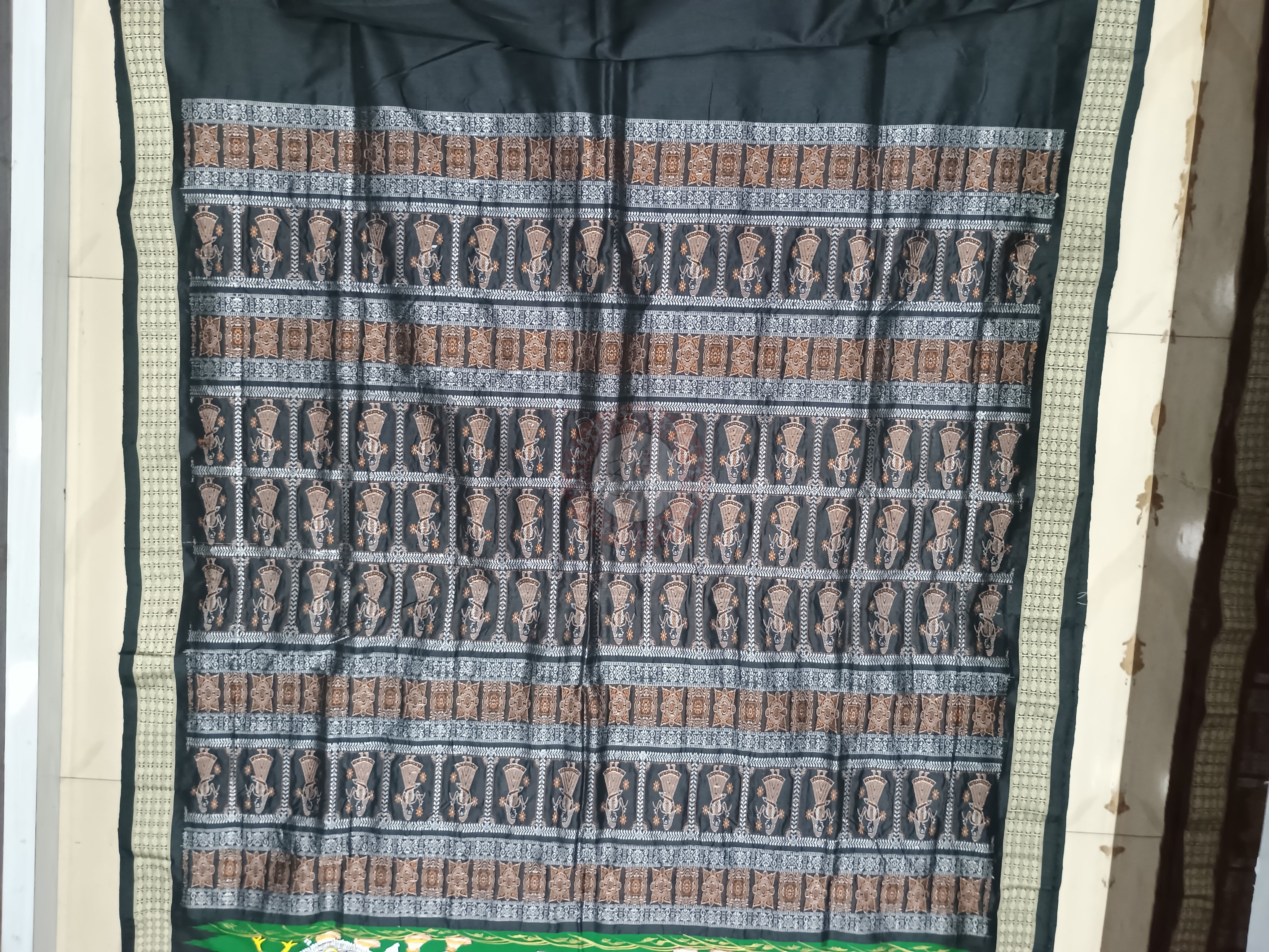 Green Black Raja Doli Theme Hand Painted Pattachitra Bomkai Silk Saree