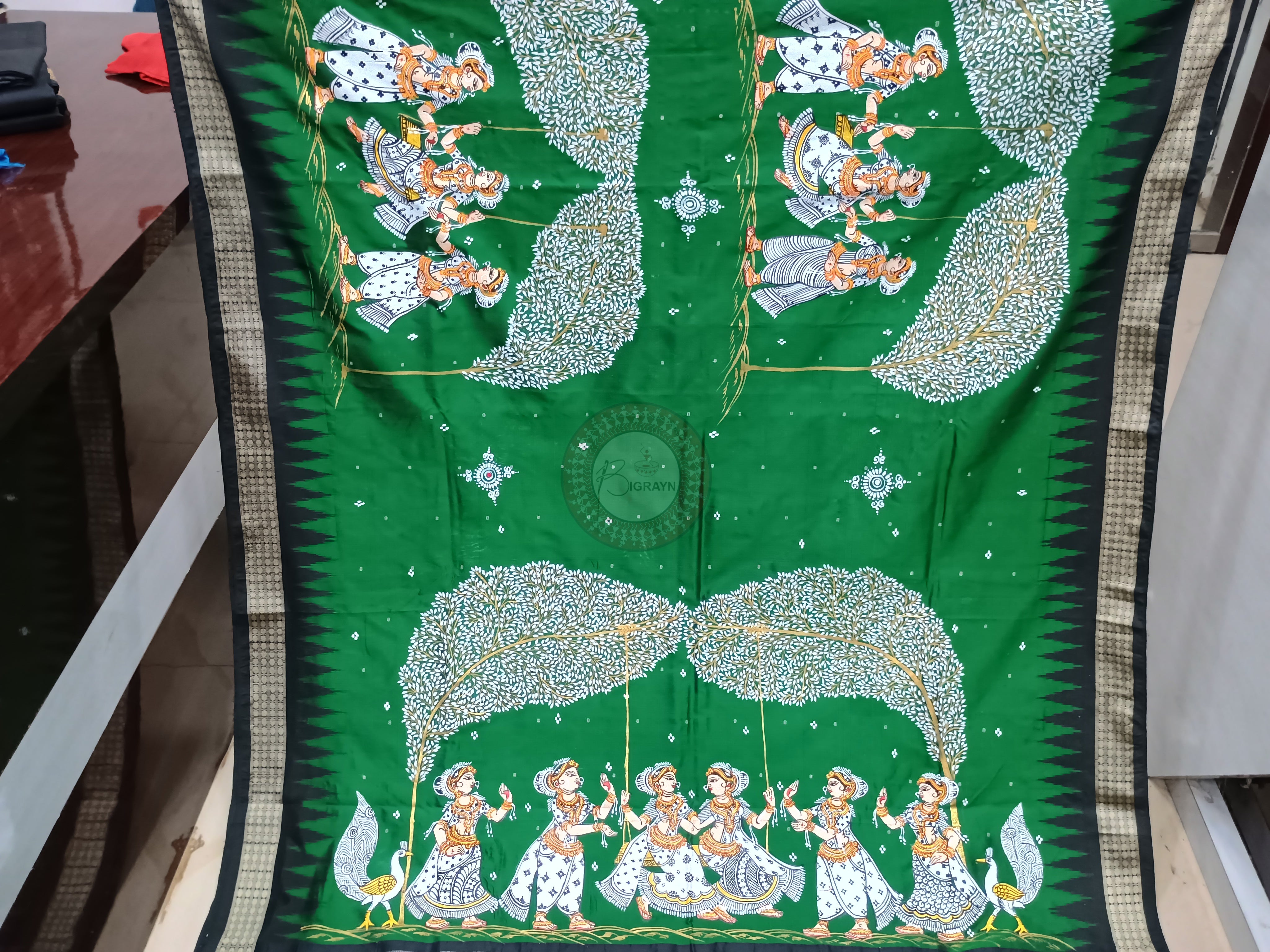 Green Black Raja Doli Theme Hand Painted Pattachitra Bomkai Silk Saree