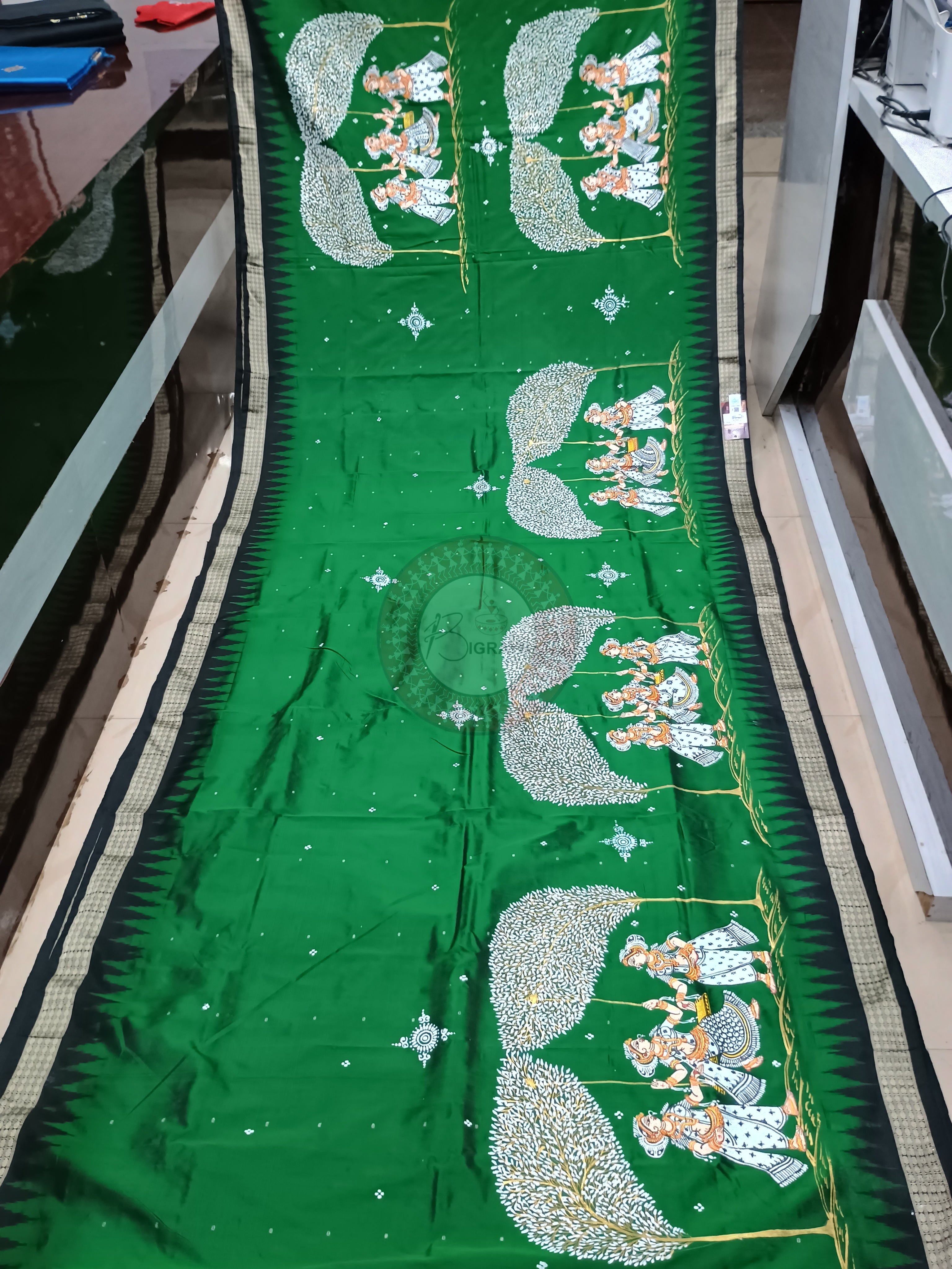 Green Black Raja Doli Theme Hand Painted Pattachitra Bomkai Silk Saree