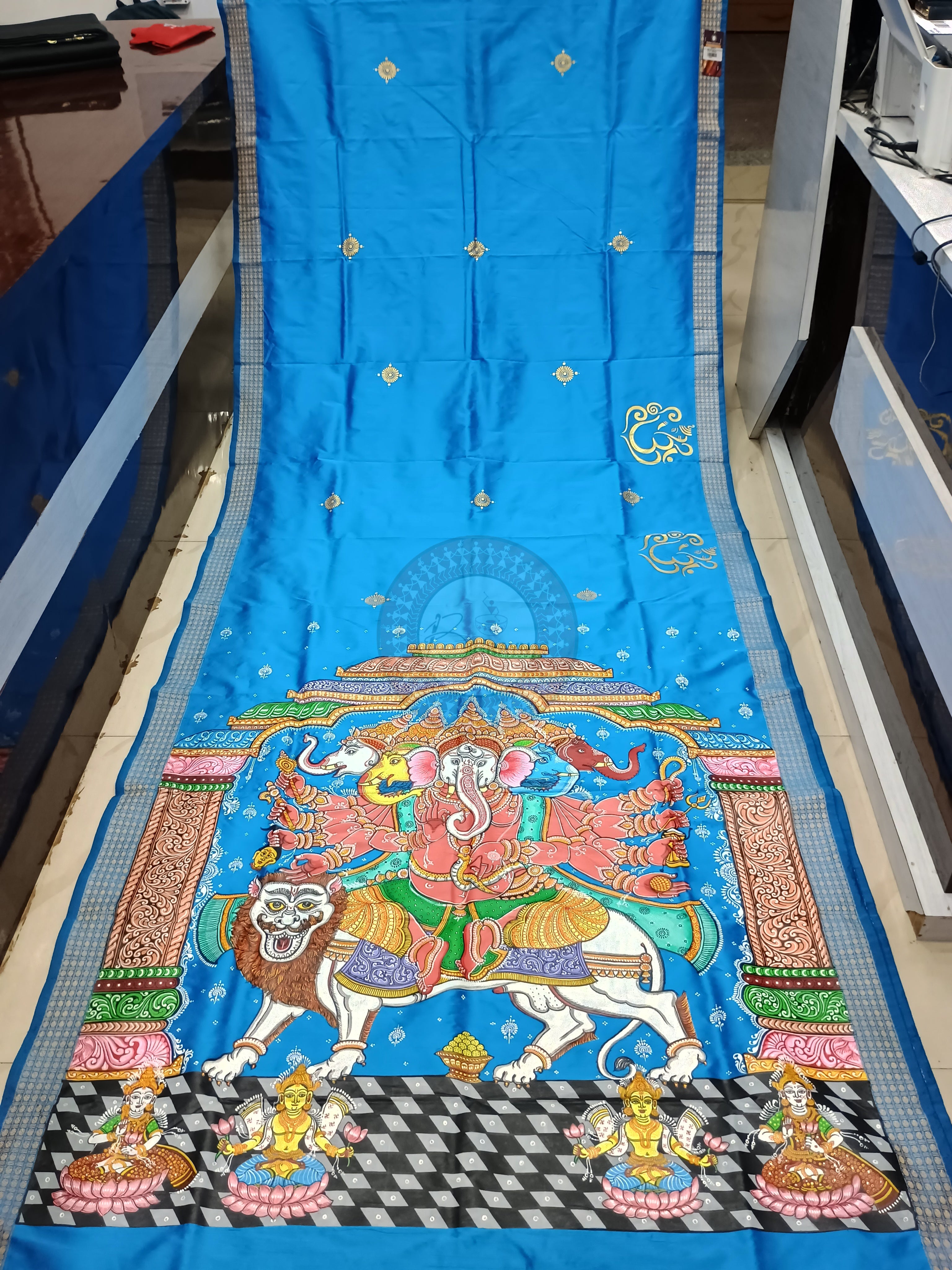 Sky Blue Panchamukhi Ganesh(Heramba) Pattachitra Cotton blended Silk Saree