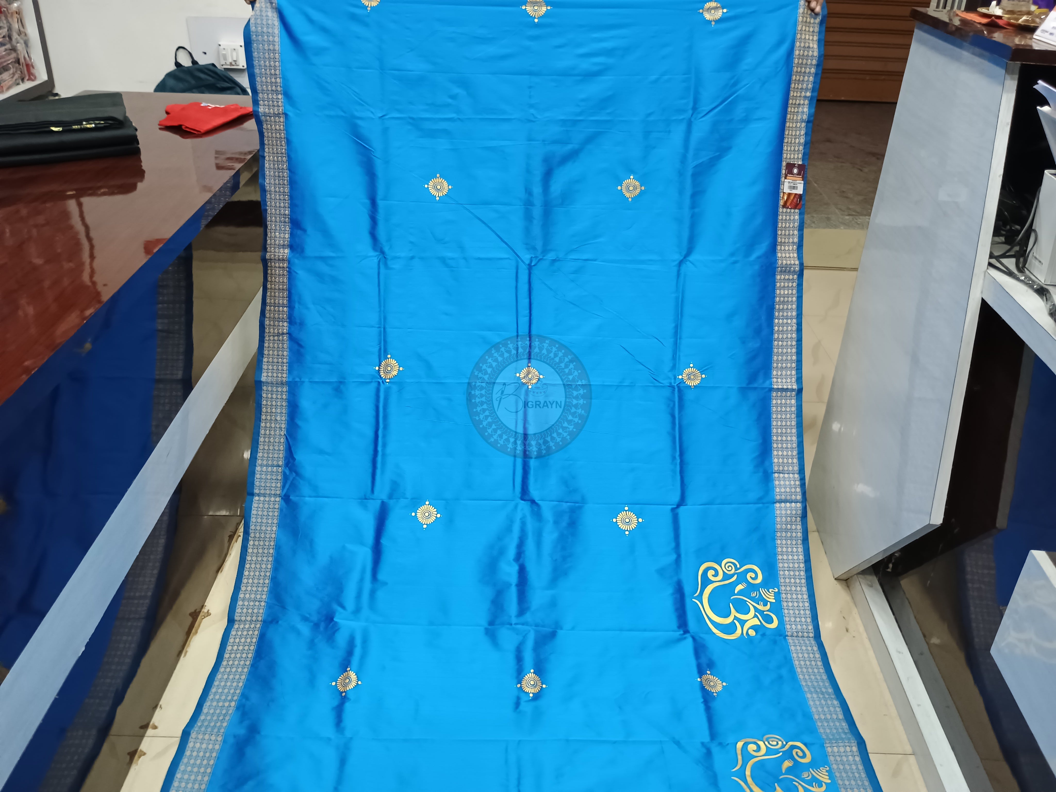 Sky Blue Panchamukhi Ganesh(Heramba) Pattachitra Cotton blended Silk Saree