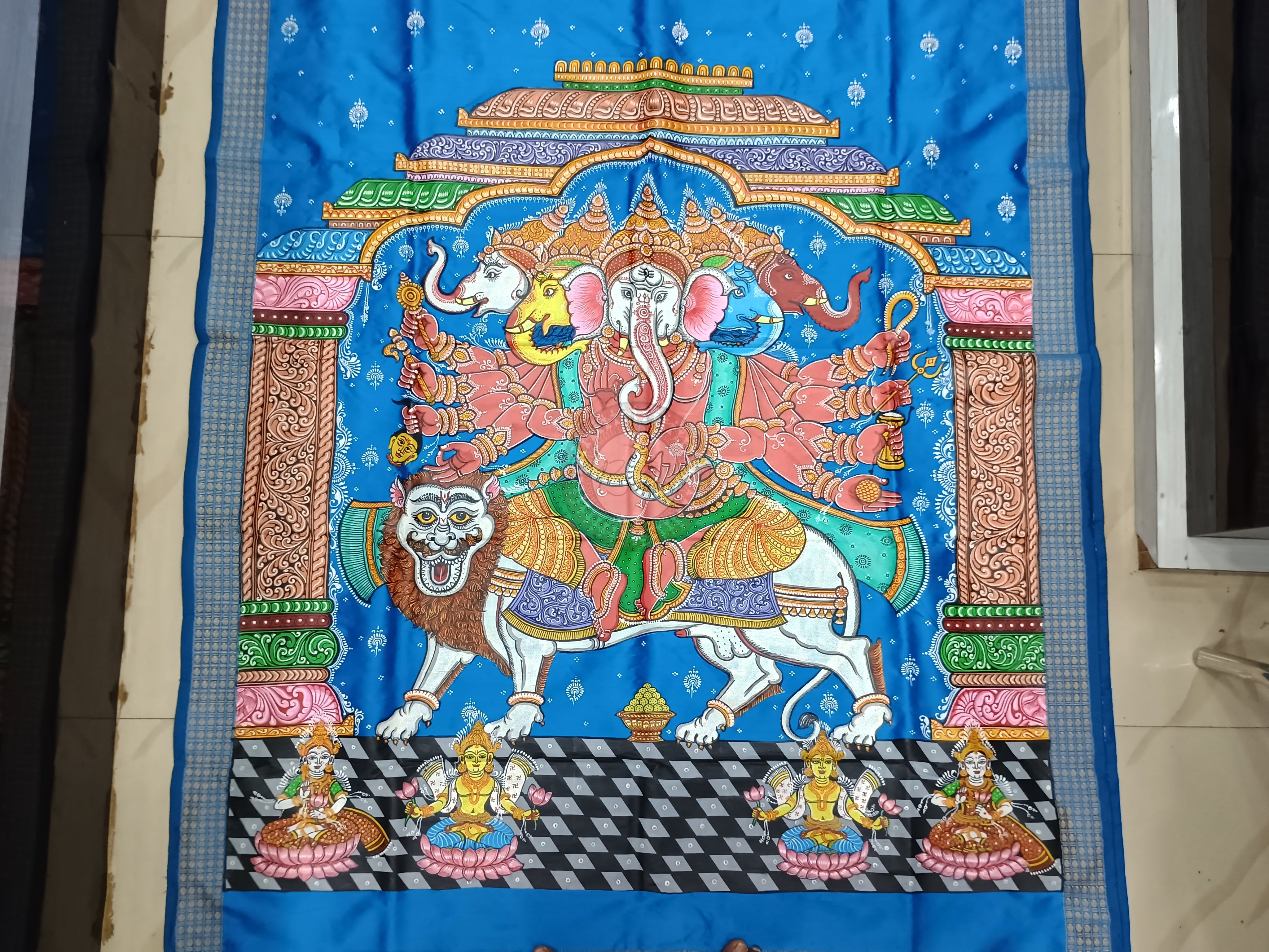 Sky Blue Panchamukhi Ganesh(Heramba) Pattachitra Cotton blended Silk Saree