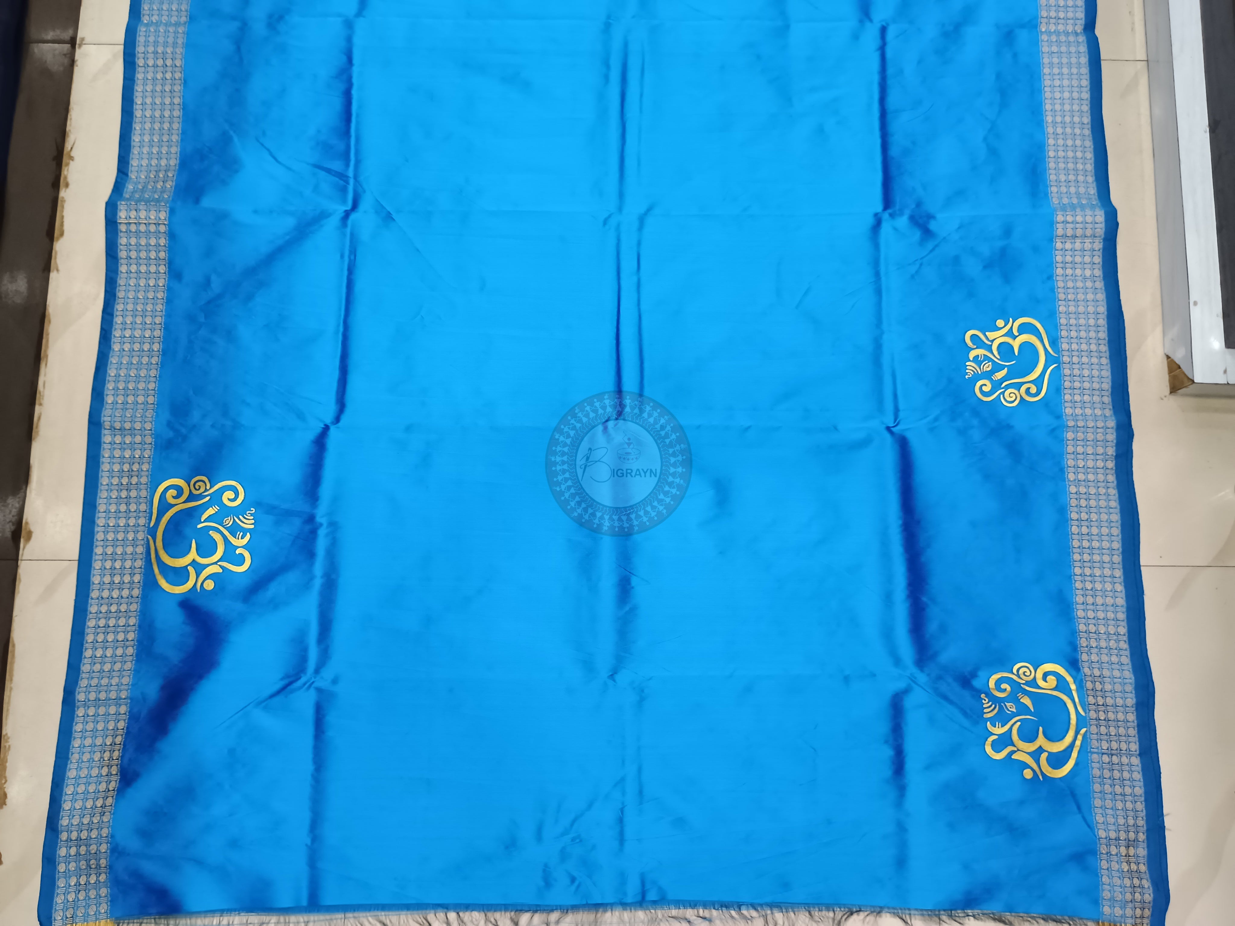 Sky Blue Panchamukhi Ganesh(Heramba) Pattachitra Cotton blended Silk Saree