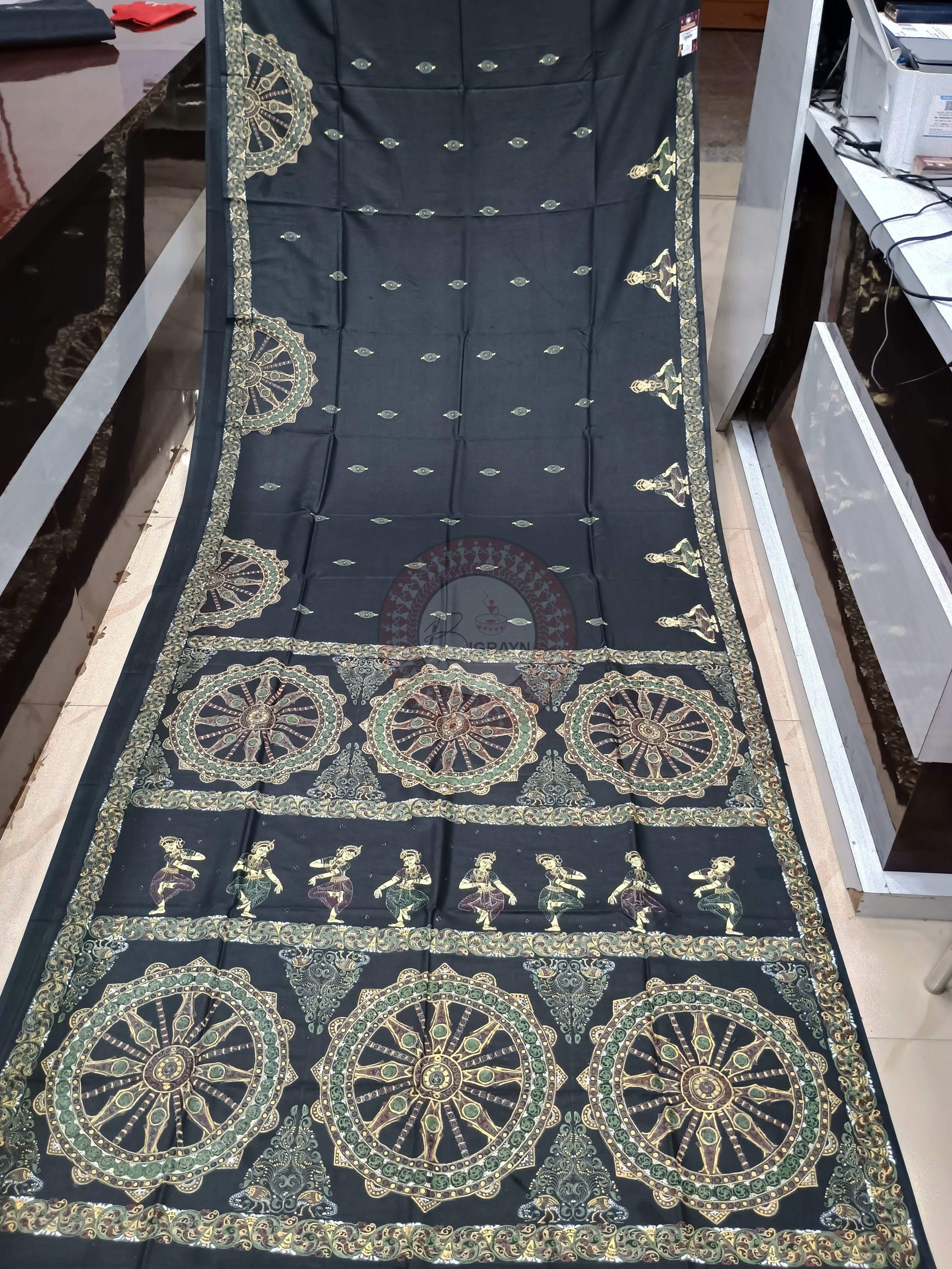Black Konark Chakra And Dancer Theme Hand Painted Pattachitra Khadi Silk Saree