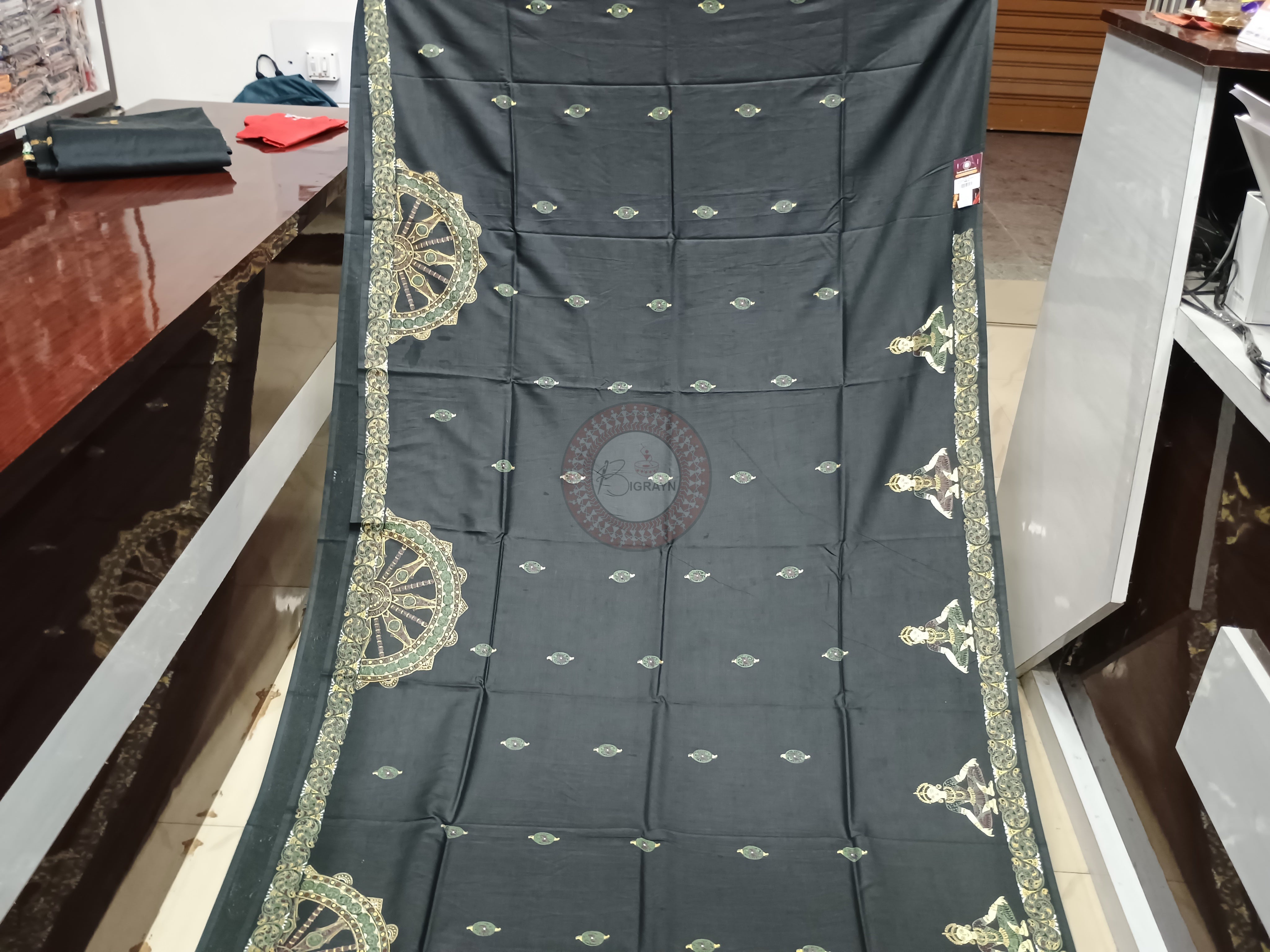Black Konark Chakra And Dancer Theme Hand Painted Pattachitra Khadi Silk Saree
