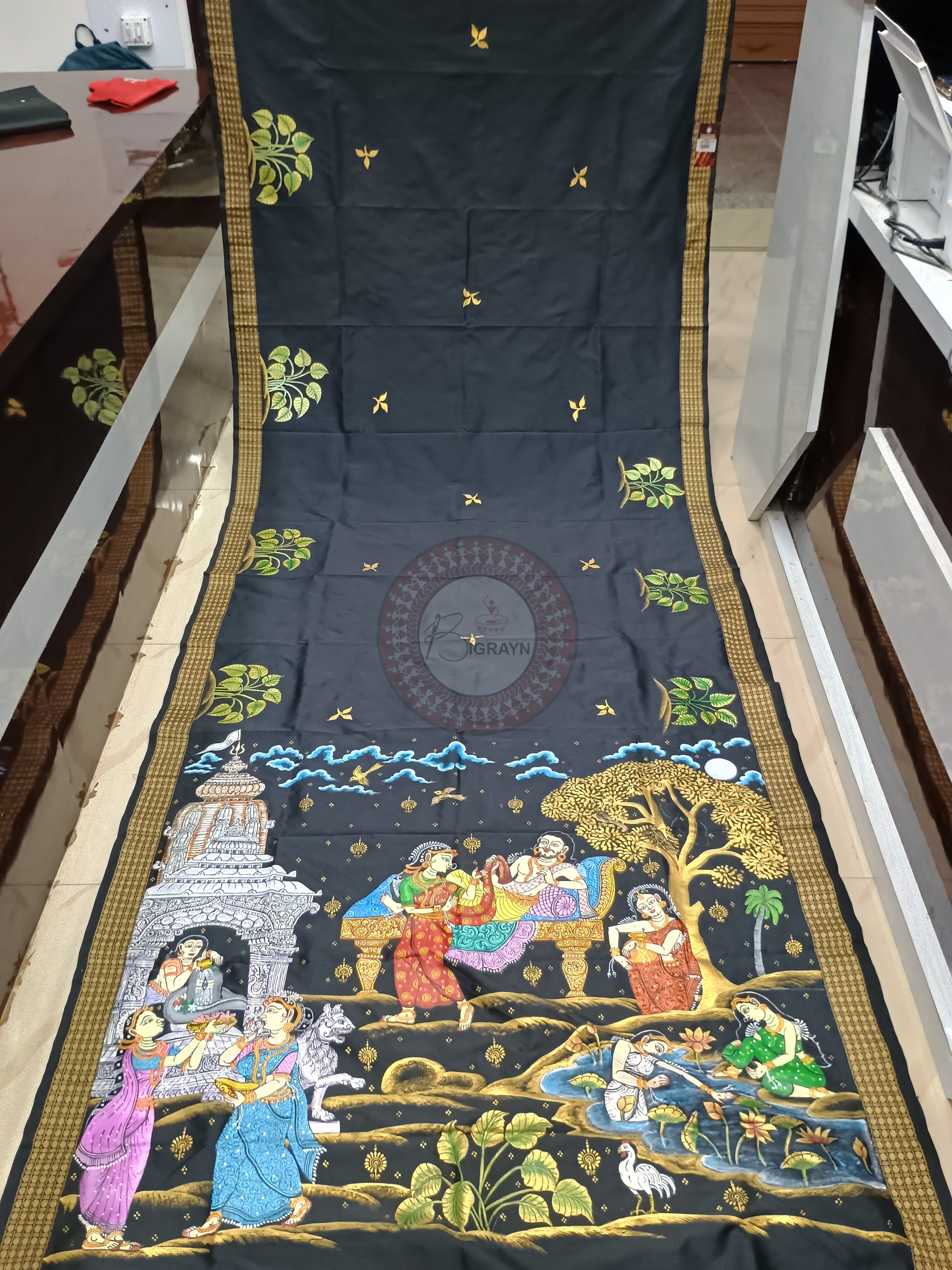Black Pravata Barnana Pattachitra Cotton blended Silk Saree