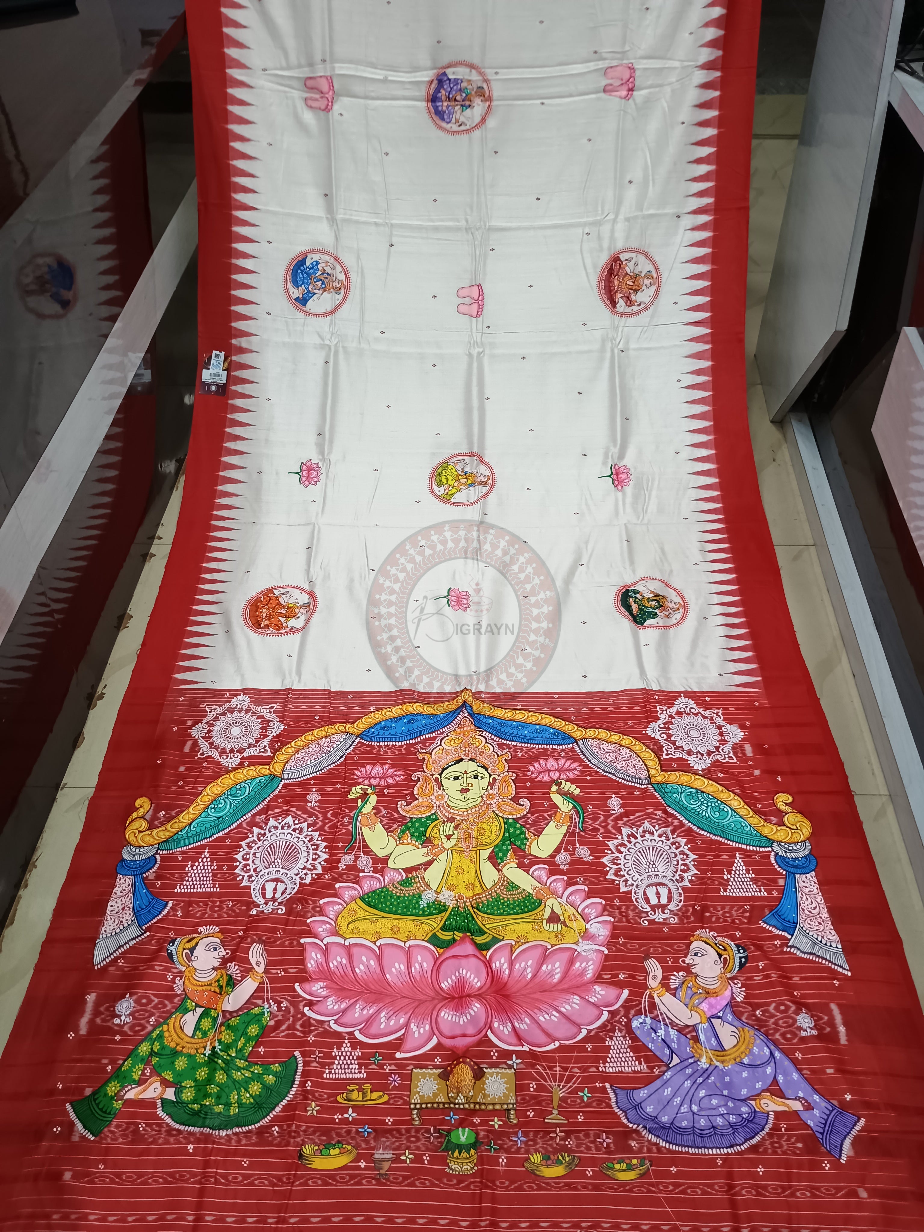 White Red Maa Laxmi Theme Hand Painted Pattachitra Fine Tussar Silk Saree
