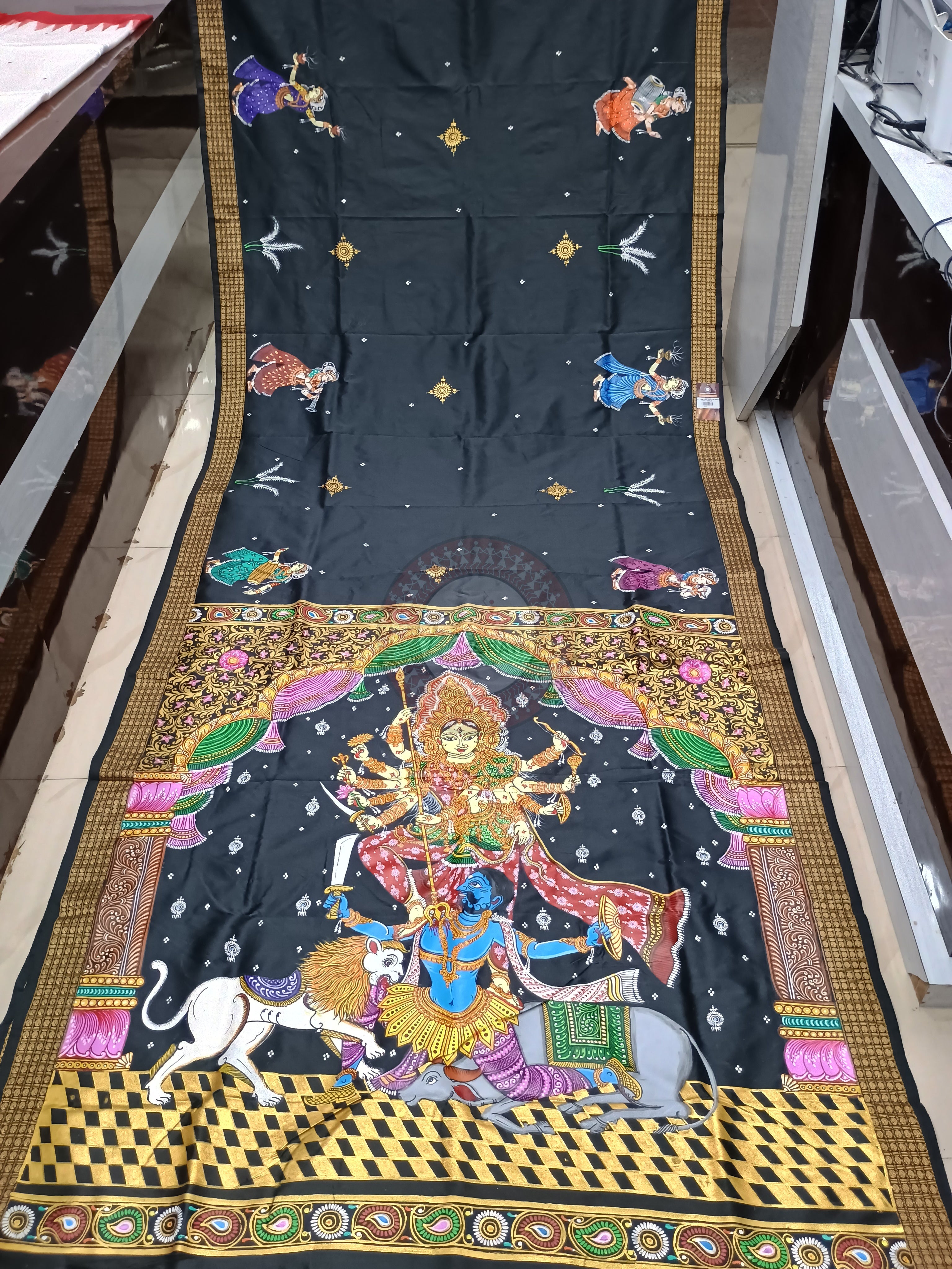 Black Maa Durga Theme Hand Painted Pattachitra Cotton blended Silk Saree