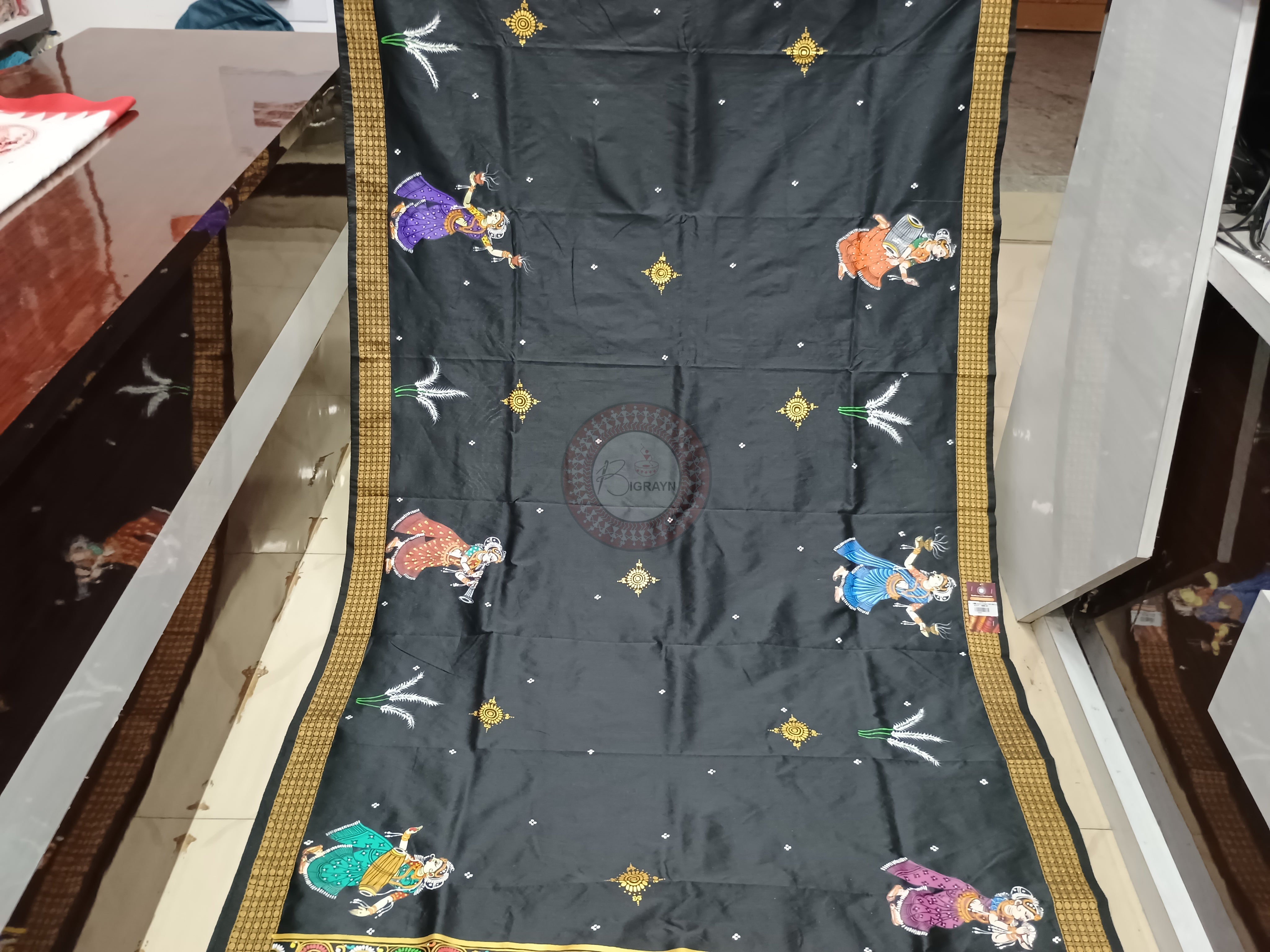 Black Maa Durga Theme Hand Painted Pattachitra Cotton blended Silk Saree