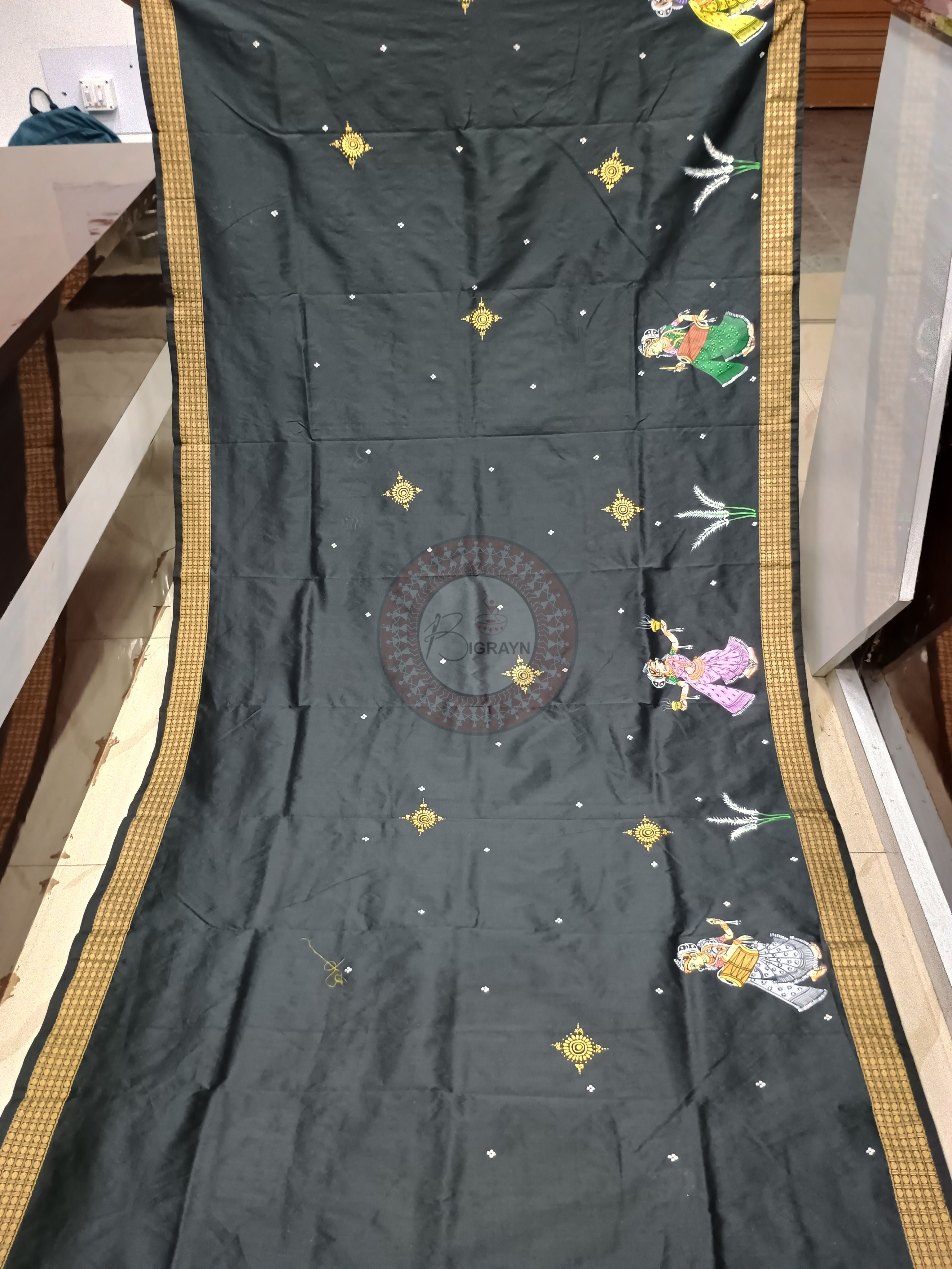 Black Maa Durga Theme Hand Painted Pattachitra Cotton blended Silk Saree