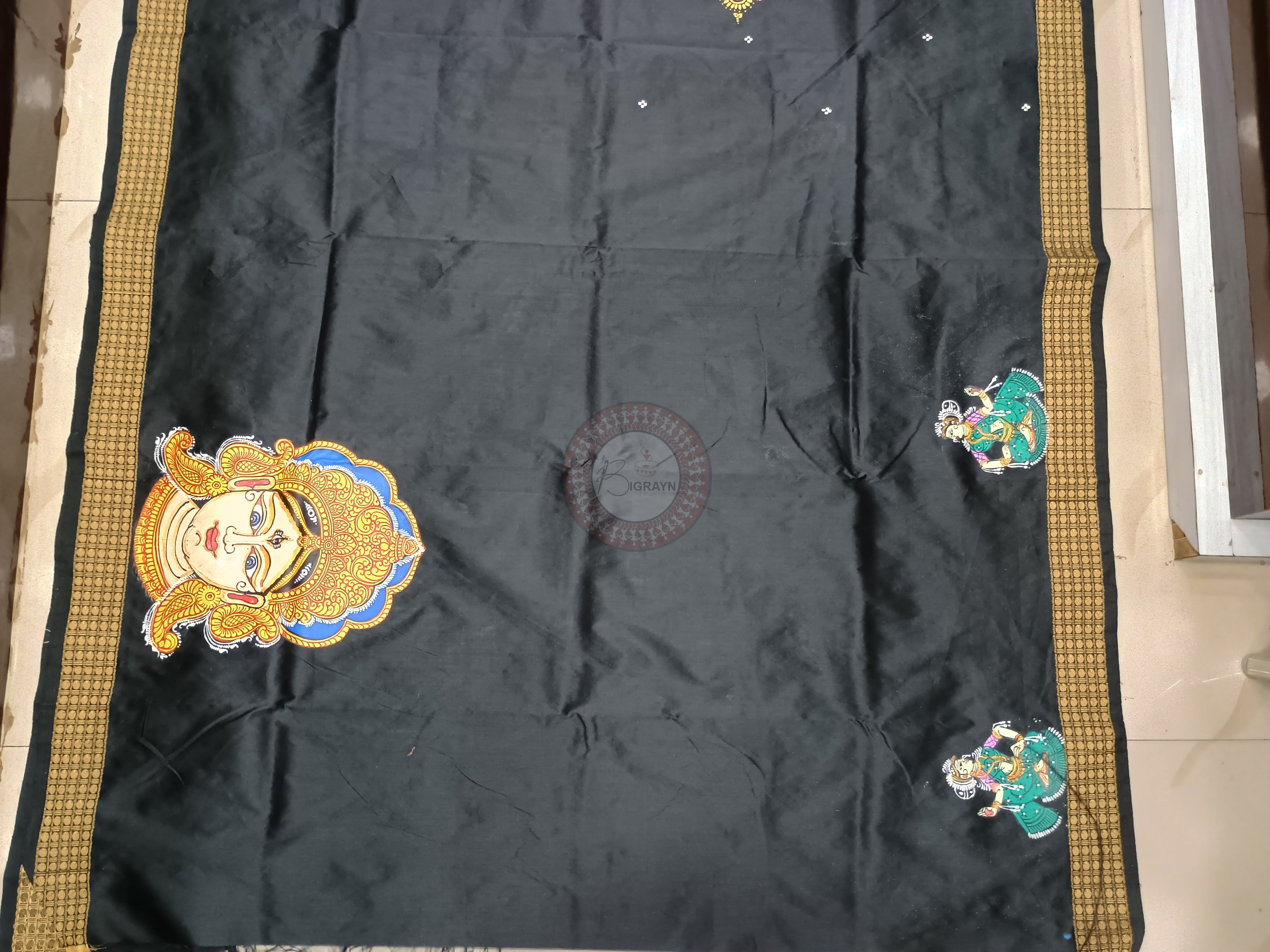 Black Maa Durga Theme Hand Painted Pattachitra Cotton blended Silk Saree