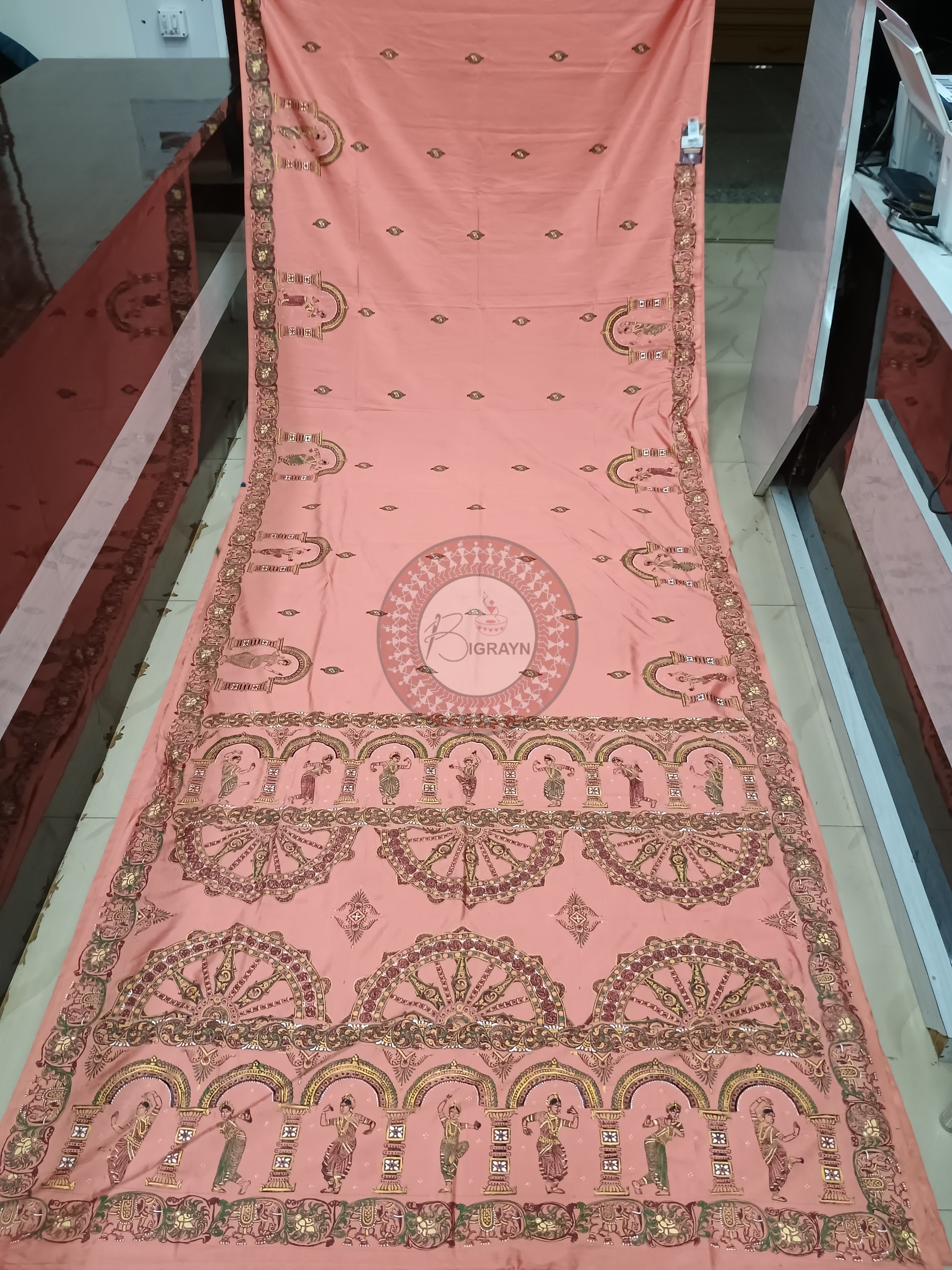 Peach Pink Half Konark And Dancer Hand Painted Pattachitra Khadi Silk Saree