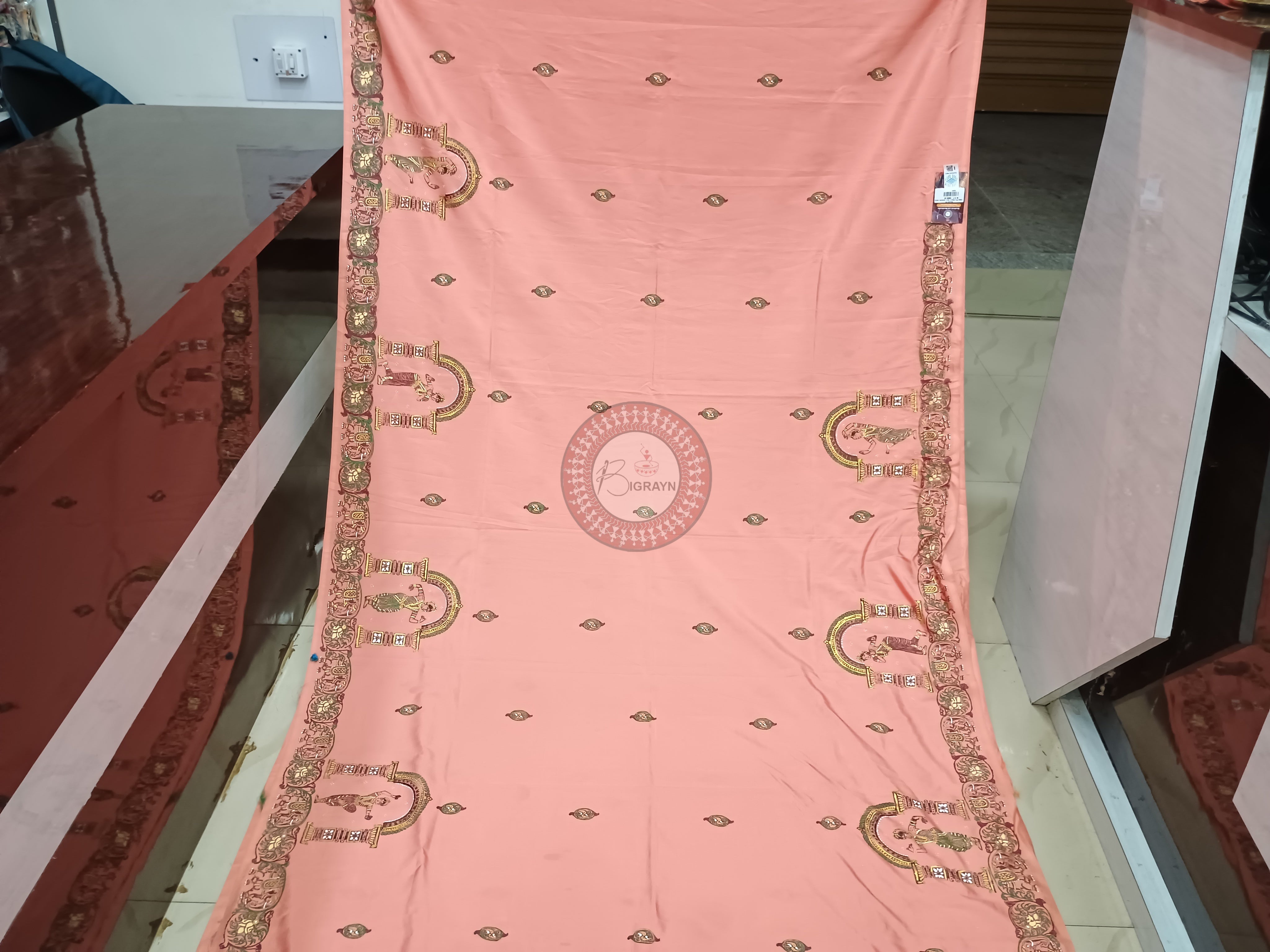 Peach Pink Half Konark And Dancer Hand Painted Pattachitra Khadi Silk Saree