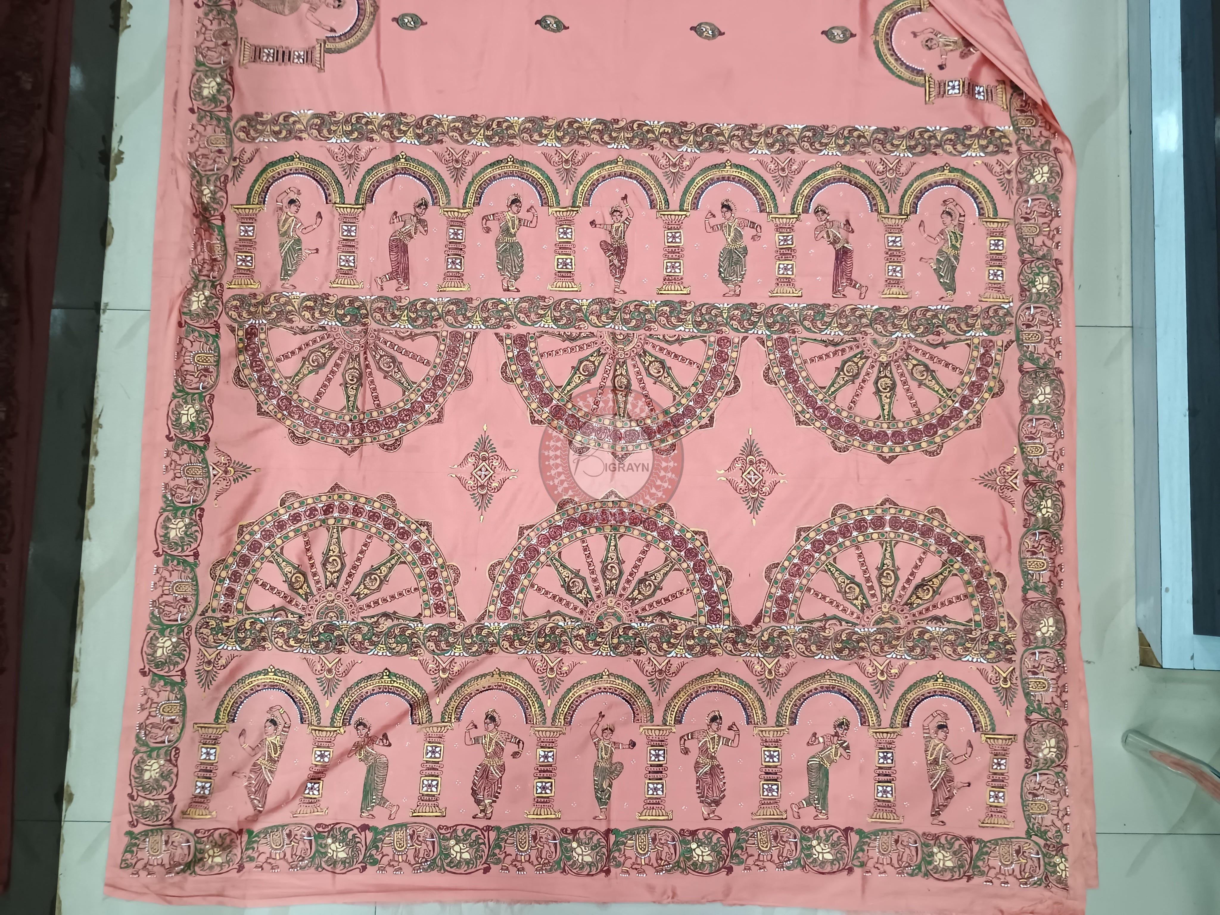 Peach Pink Half Konark And Dancer Hand Painted Pattachitra Khadi Silk Saree