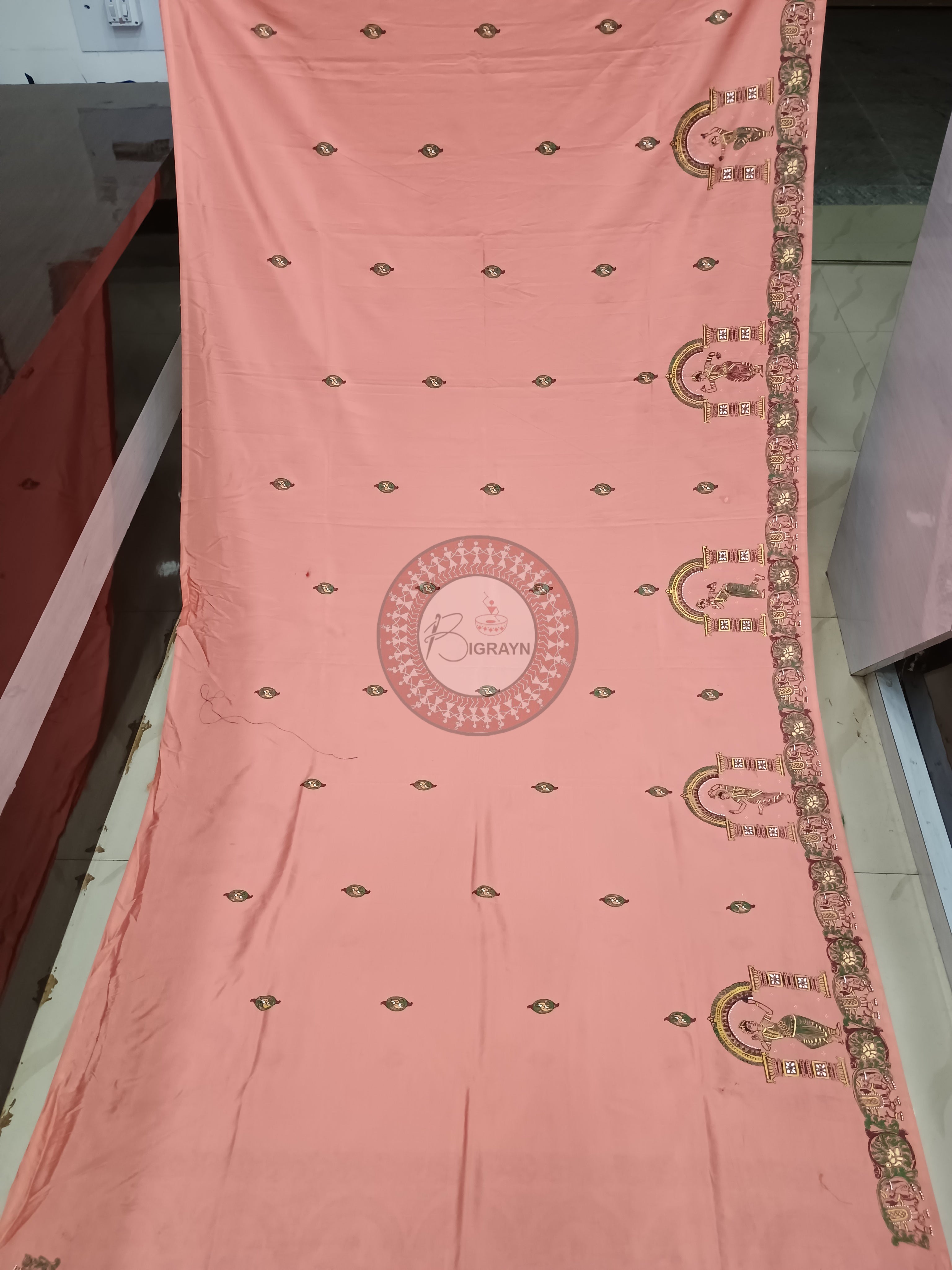 Peach Pink Half Konark And Dancer Hand Painted Pattachitra Khadi Silk Saree
