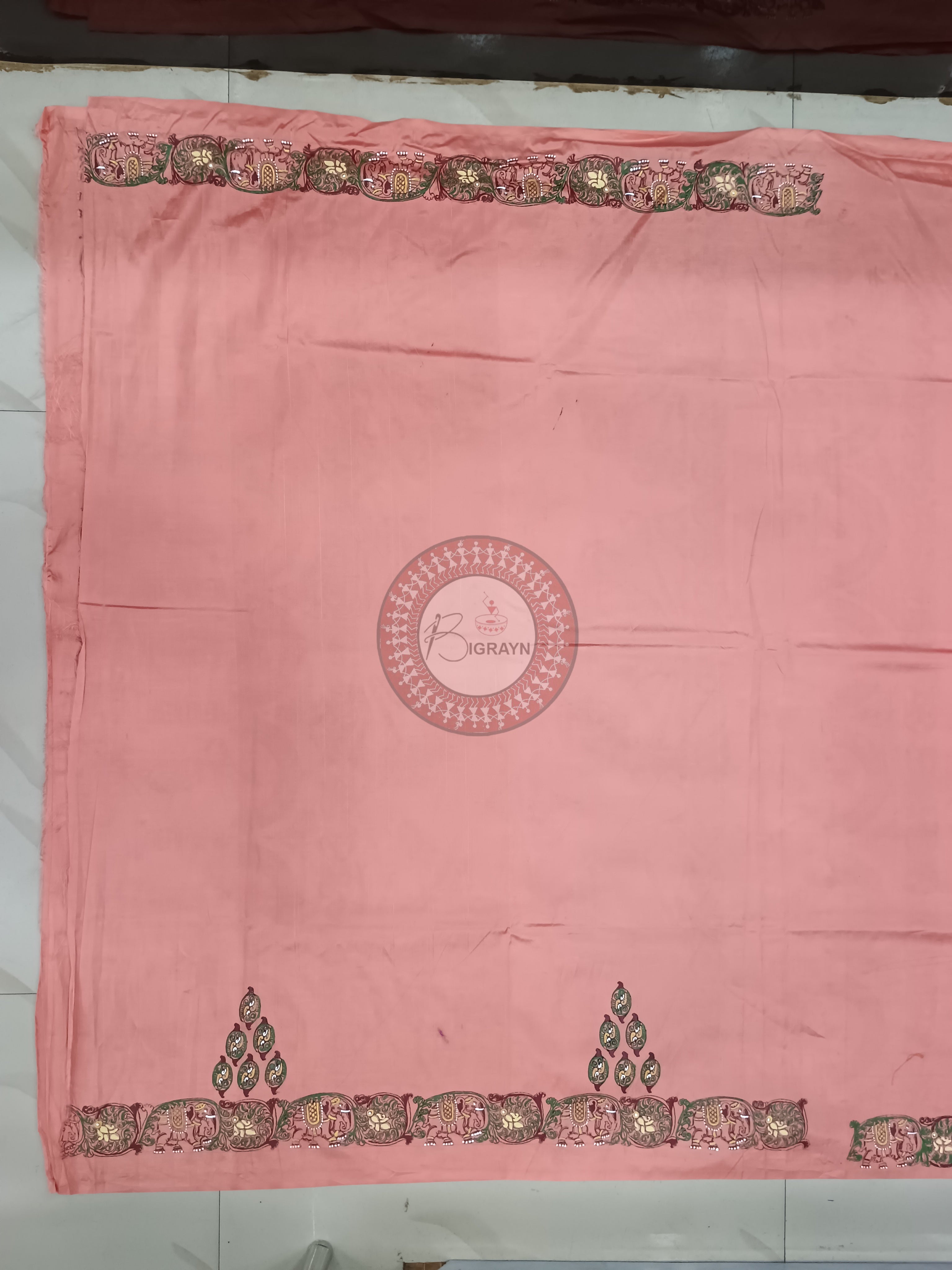 Peach Pink Half Konark And Dancer Hand Painted Pattachitra Khadi Silk Saree