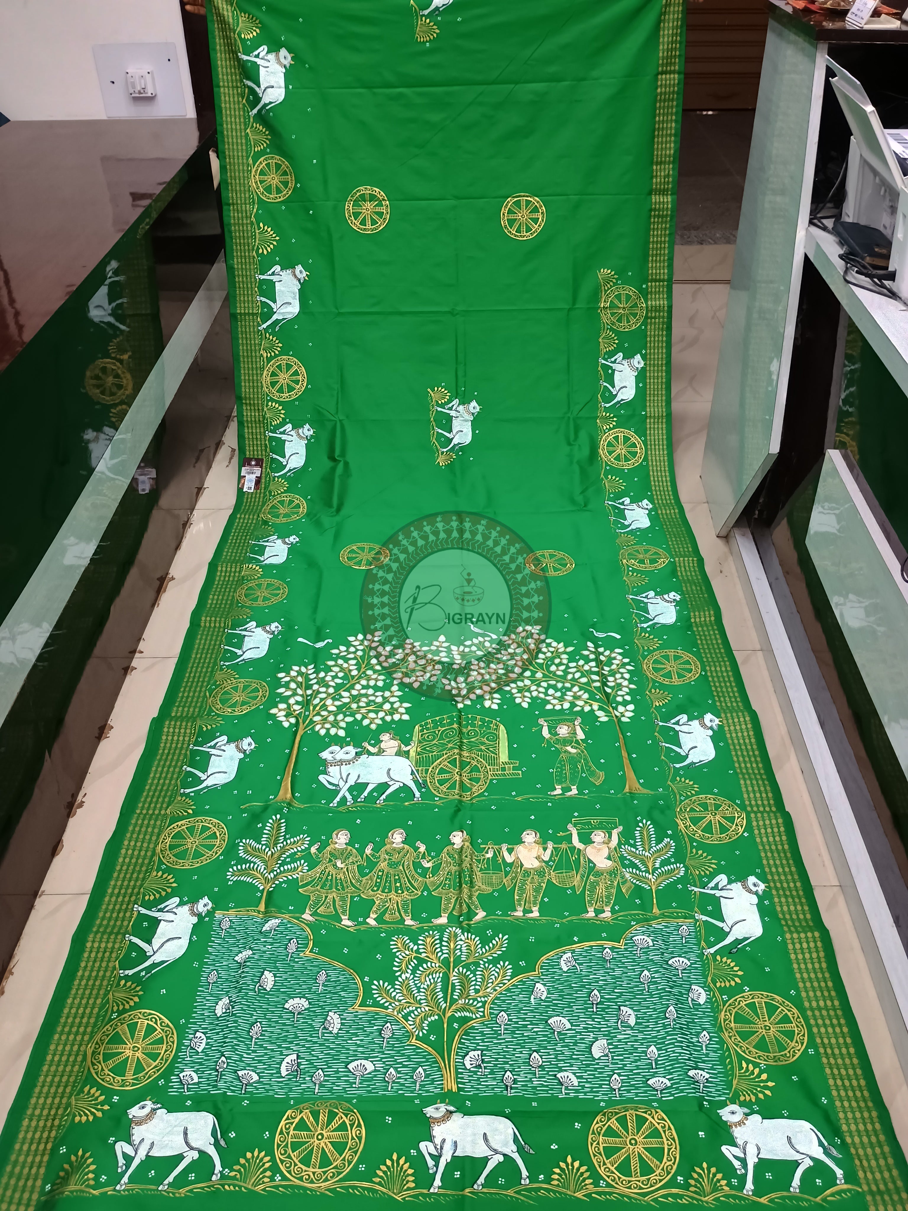 Green Village Theme Hand Painted Pattachitra Cotton blended silk Saree