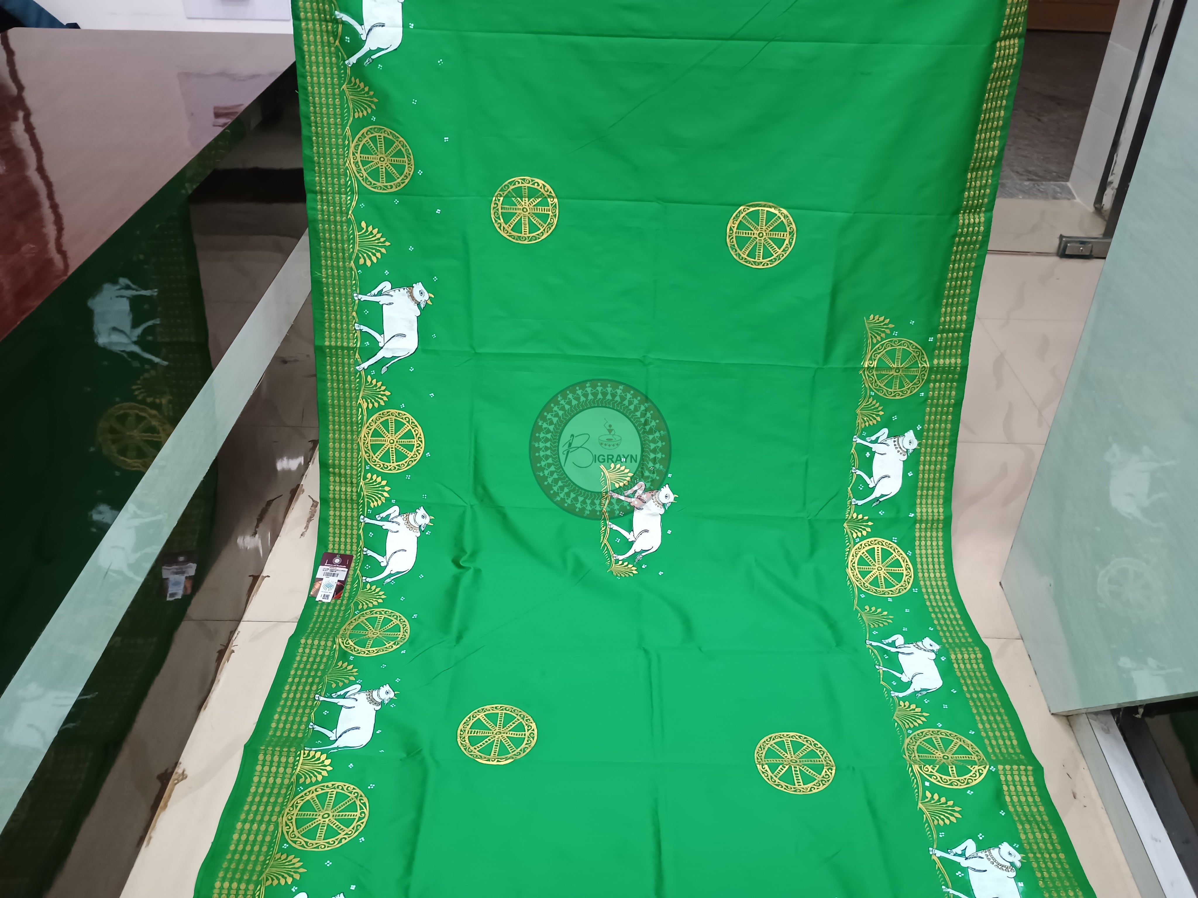Green Village Theme Hand Painted Pattachitra Cotton blended silk Saree