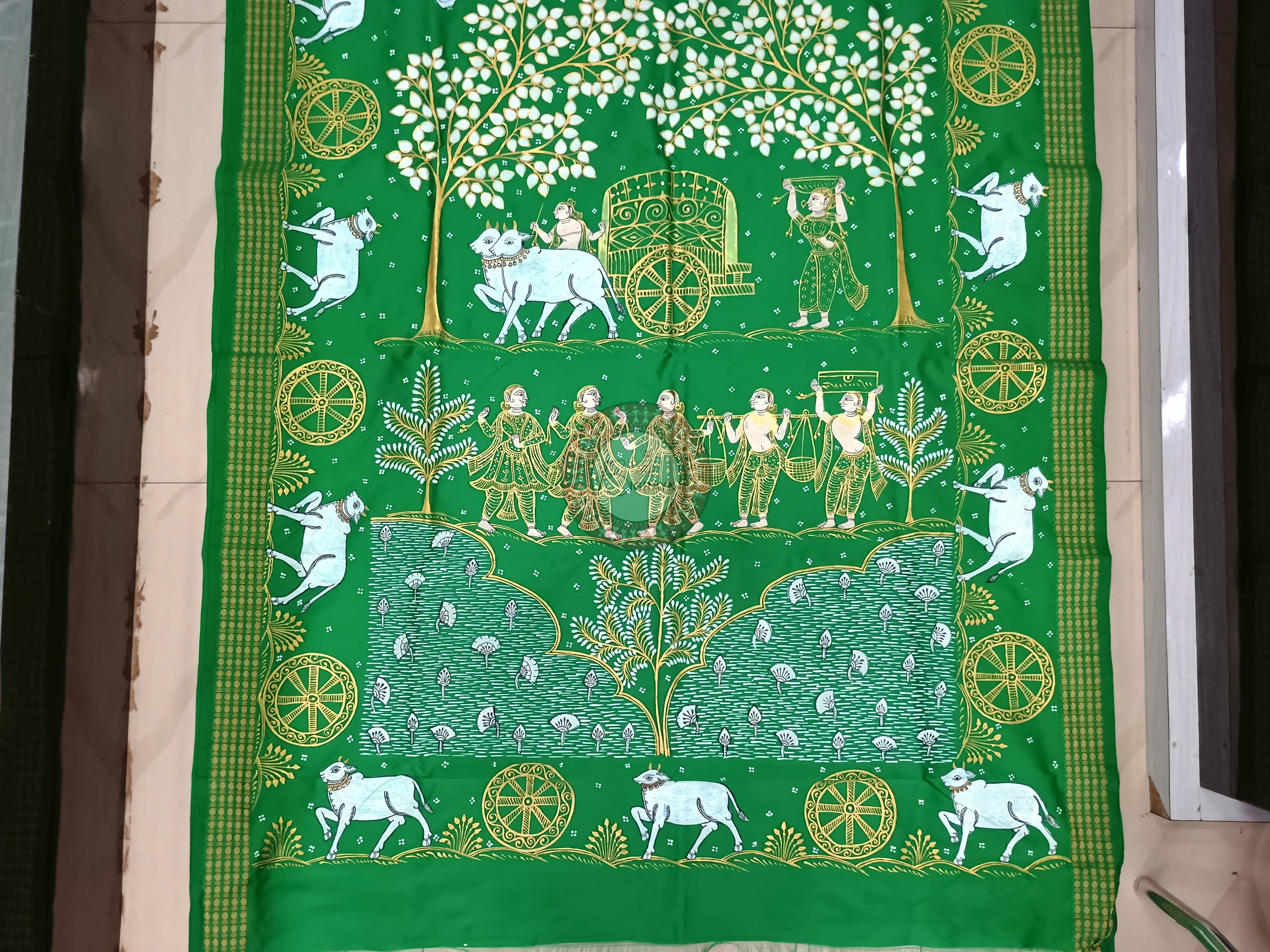 Green Village Theme Hand Painted Pattachitra Cotton blended silk Saree