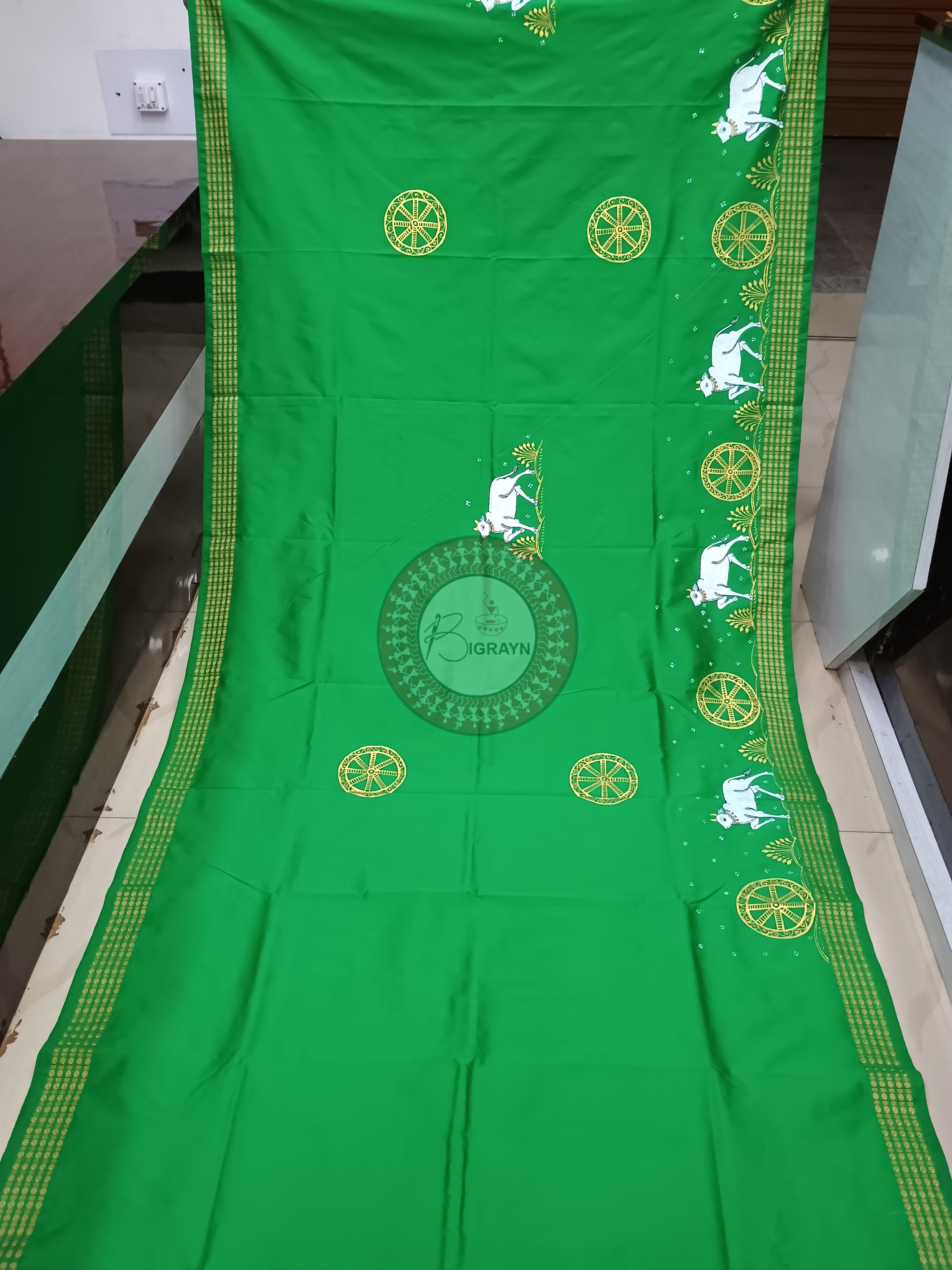 Green Village Theme Hand Painted Pattachitra Cotton blended silk Saree