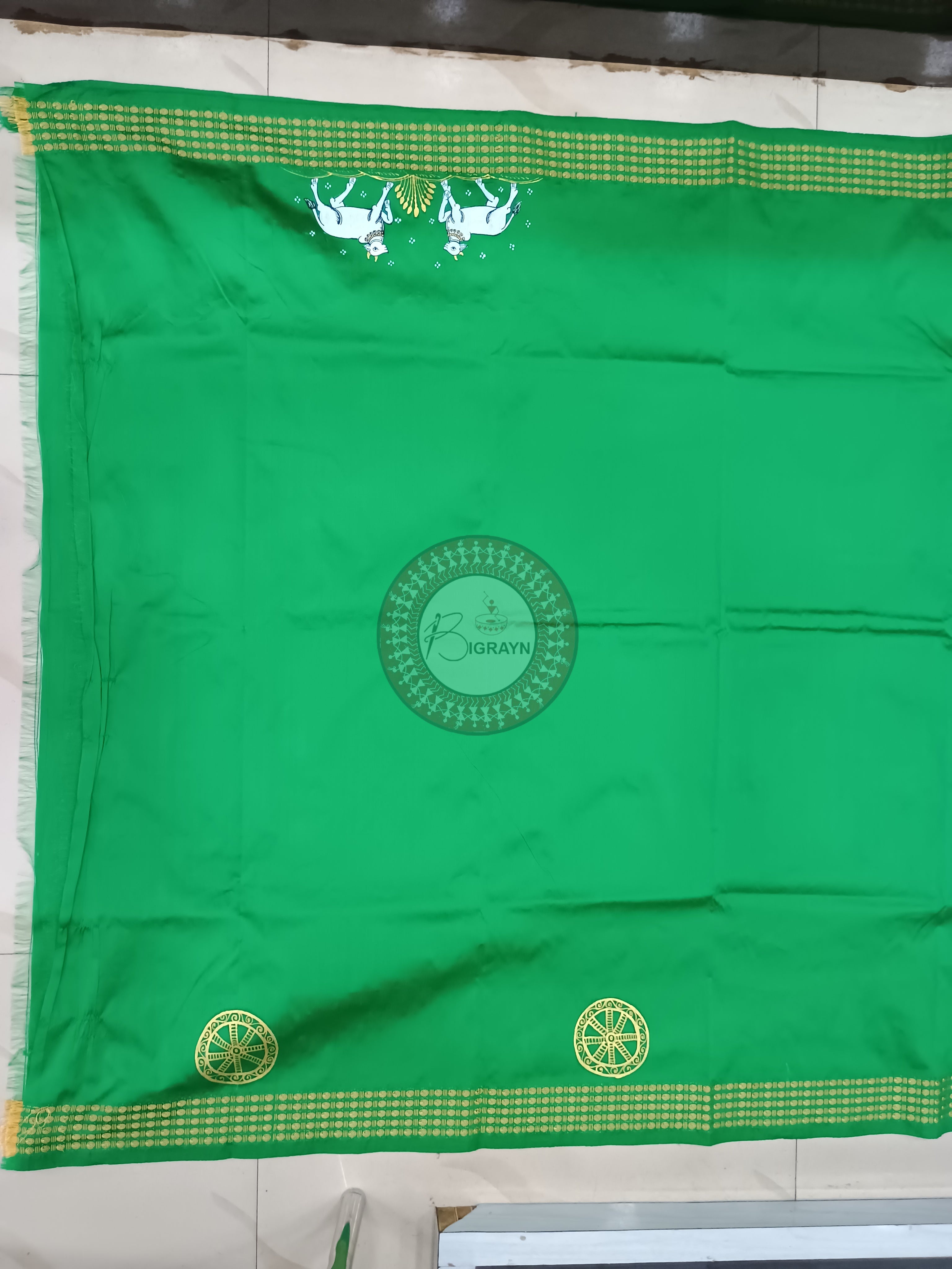 Green Village Theme Hand Painted Pattachitra Cotton blended silk Saree