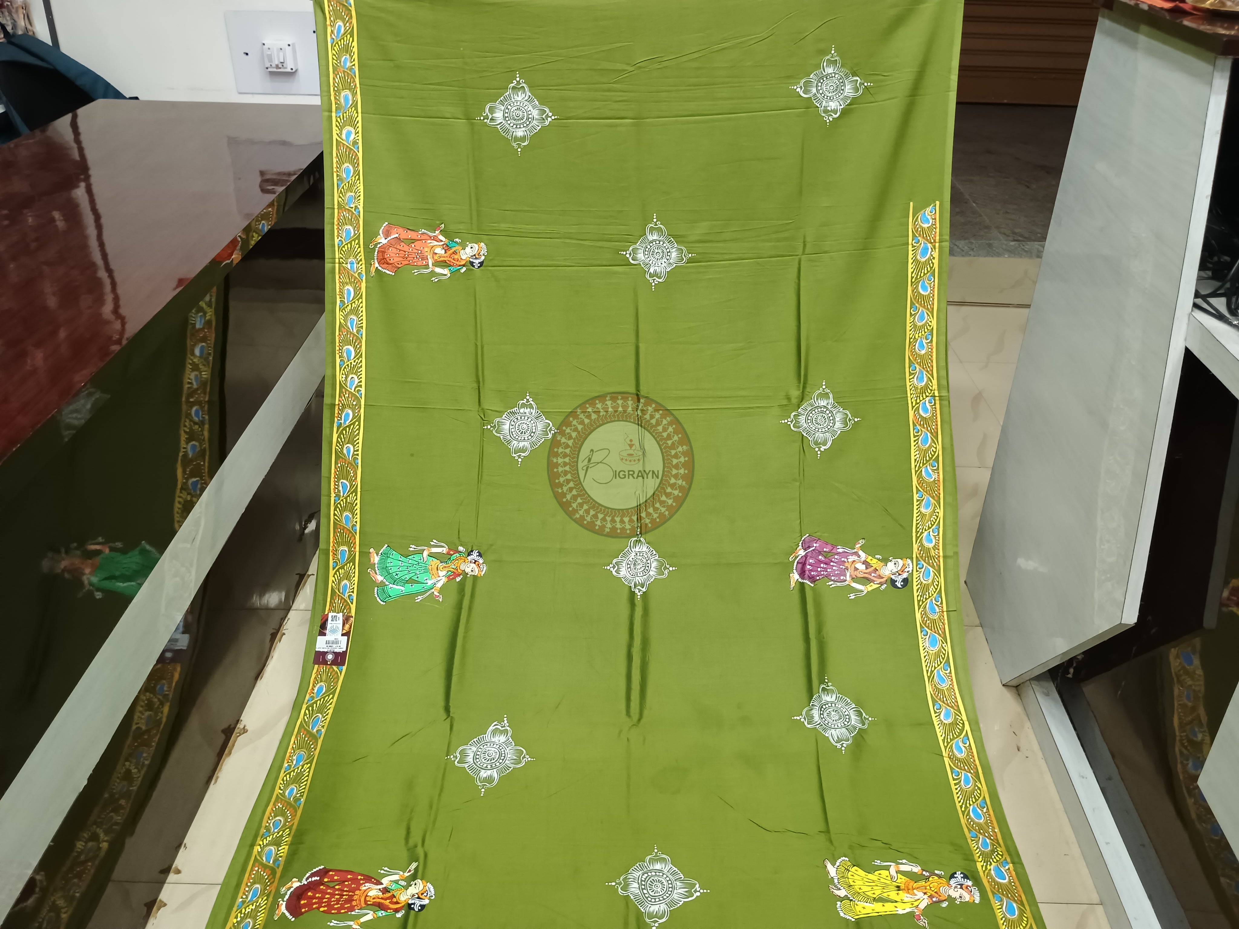 Mehendi Green Mathura Vijay Theme Pattachitra Khadi Silk Saree