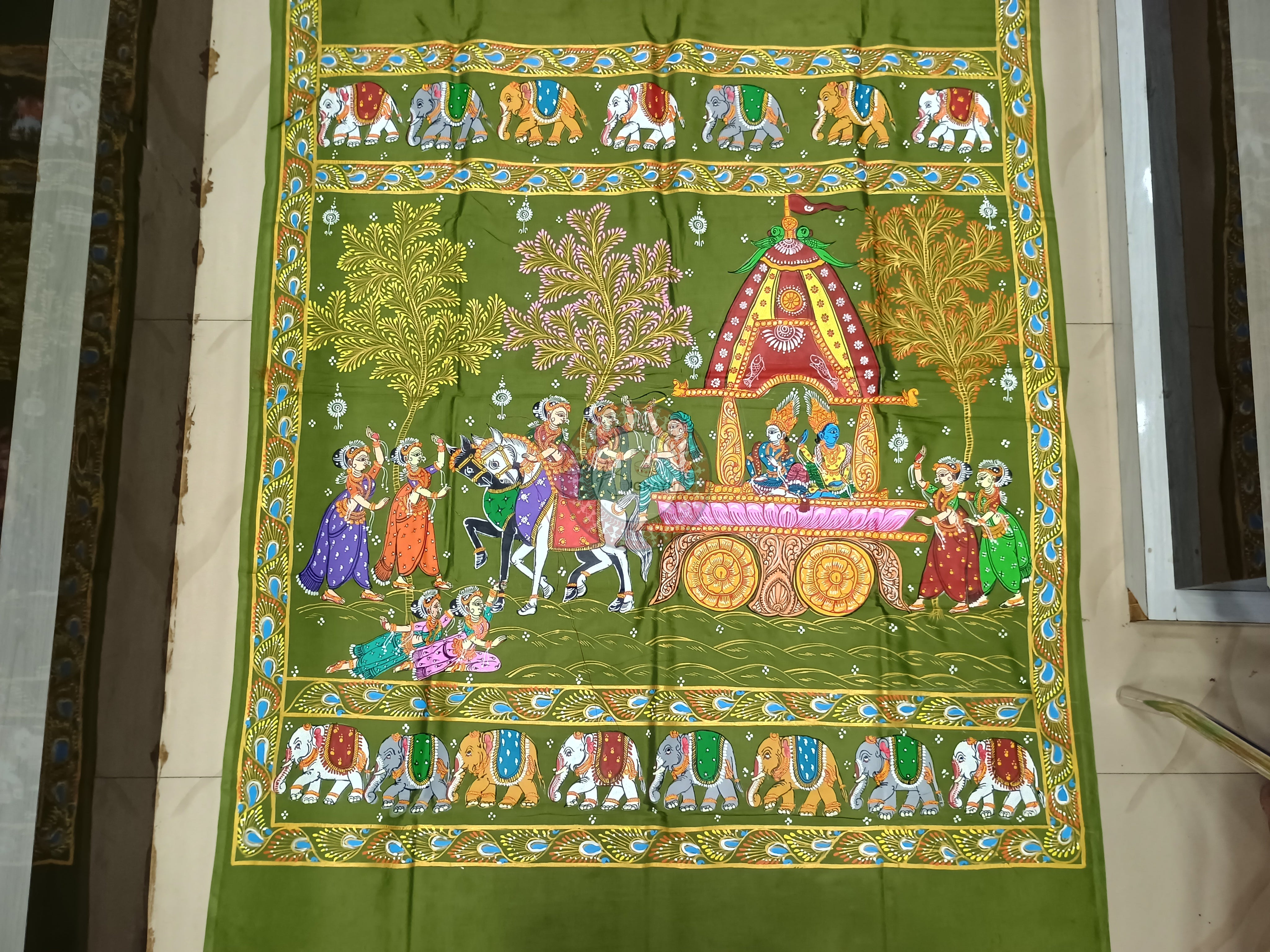Mehendi Green Mathura Vijay Theme Pattachitra Khadi Silk Saree
