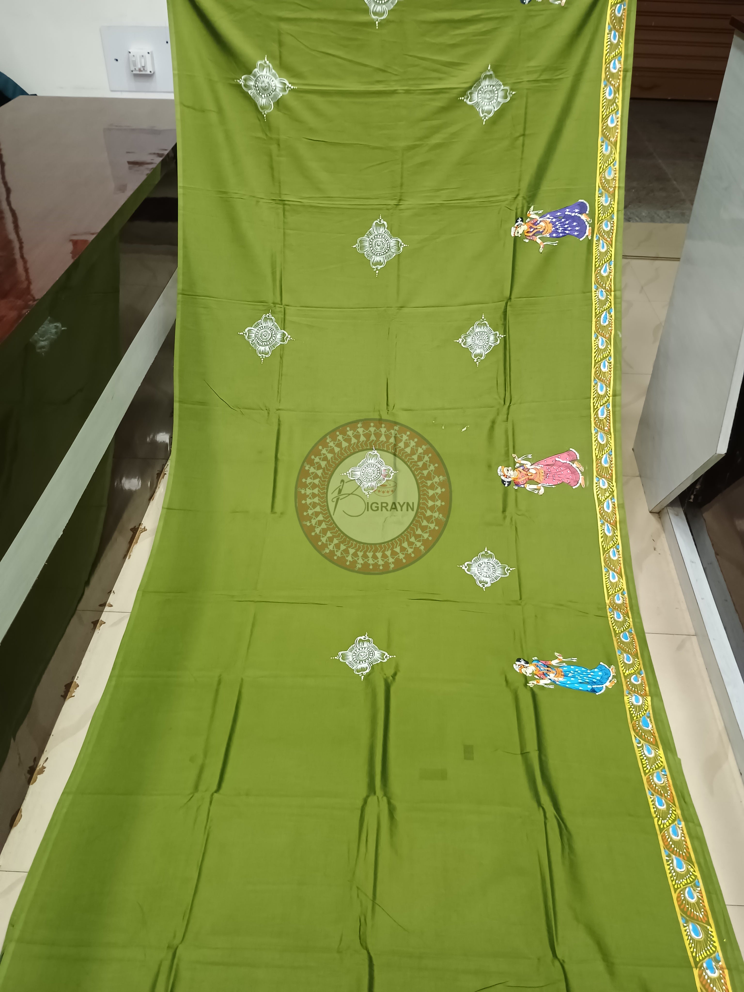 Mehendi Green Mathura Vijay Theme Pattachitra Khadi Silk Saree